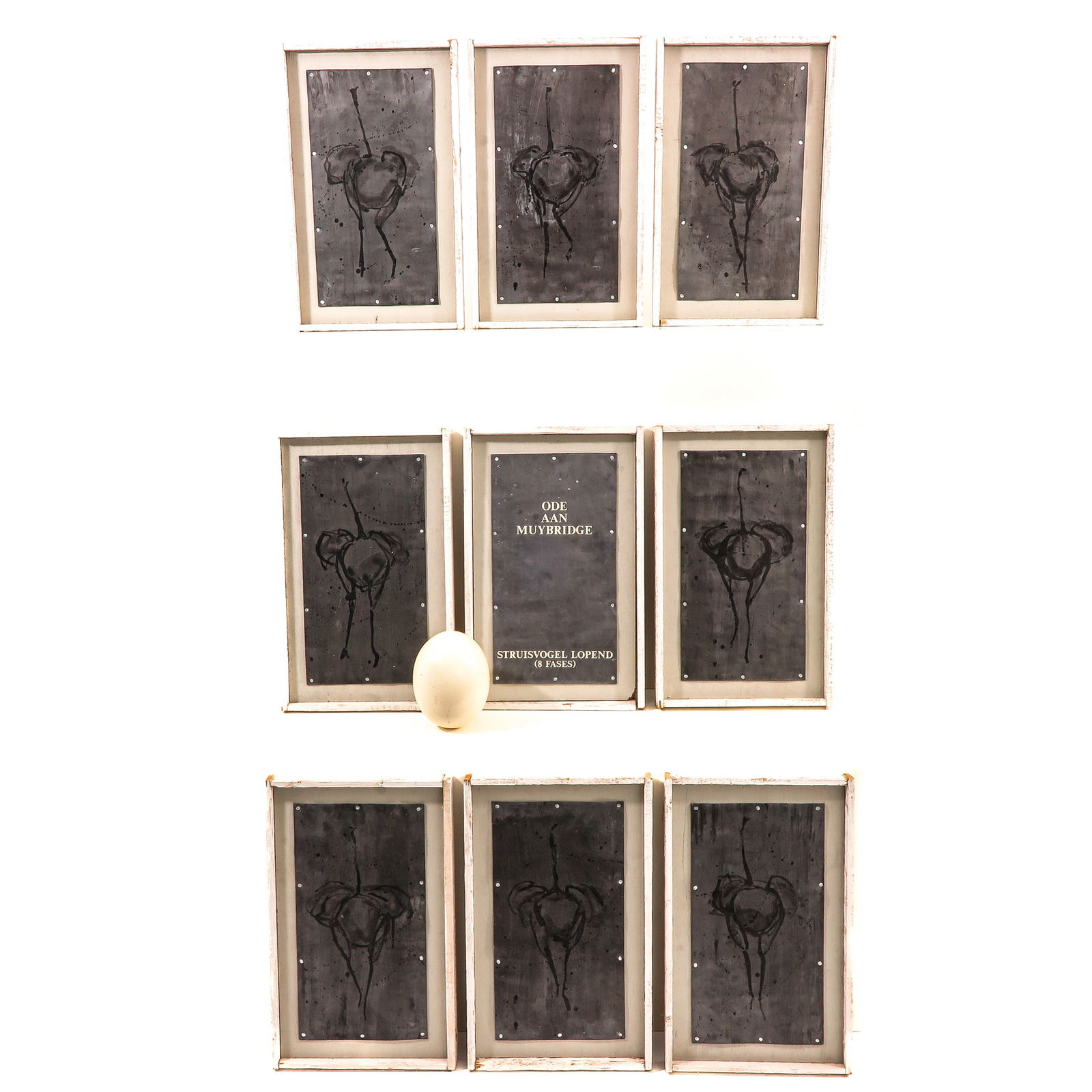 A Set of Works of Art: Titled Ode aan Muybridge - Ostrich Walking (8 phases), consisting of 9 framed panels with an egg element.