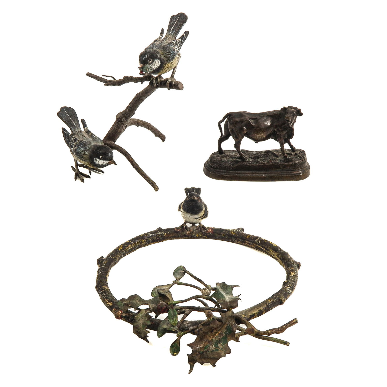 A Group of 3 Sculptures: 3 bronze sculptures, including one signed Jules Moigniez, depicting a bull, length 90 mm.