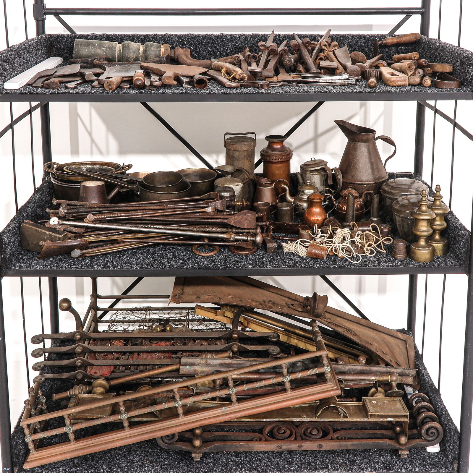 A Large Group of Fireplace Accessories: Consisting of fireplace accessories, tools, and various objects.