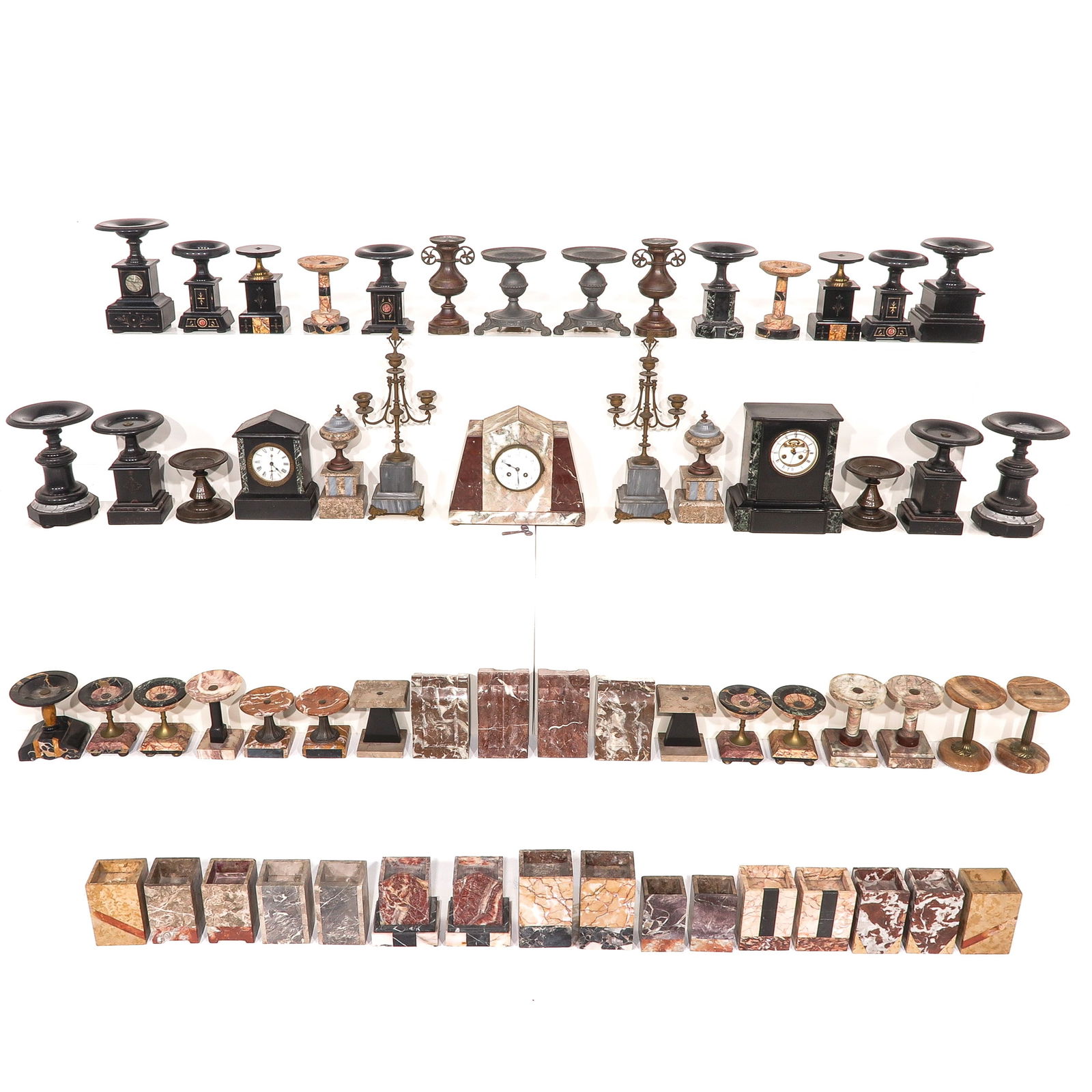A Group of Clocks and Accessories: Consisting of various clock parts, including marble, tallest clock 28 cm.