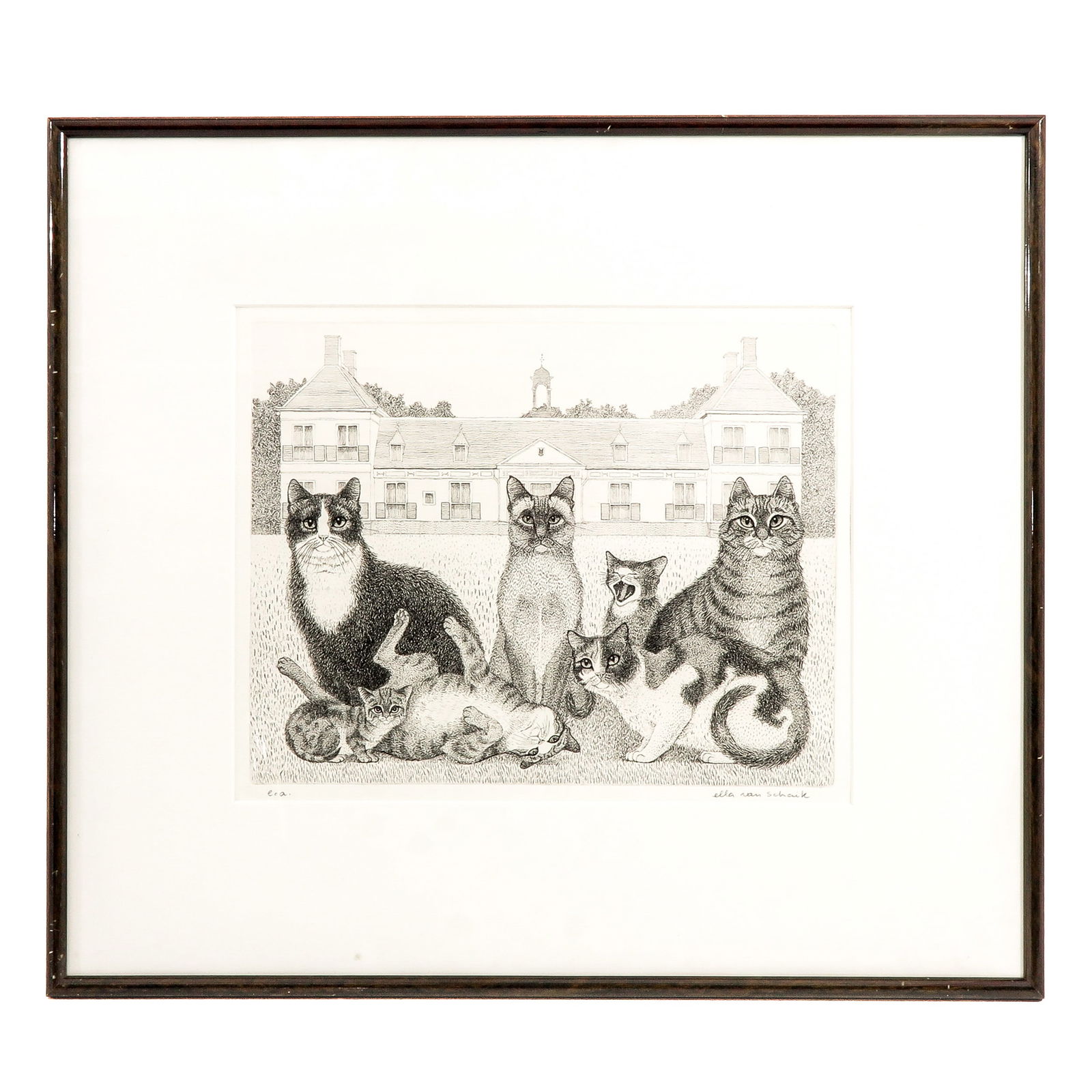 A Lithograph: With cats in a garden setting, signed Ella van Schaik, 60 x 60 cm.