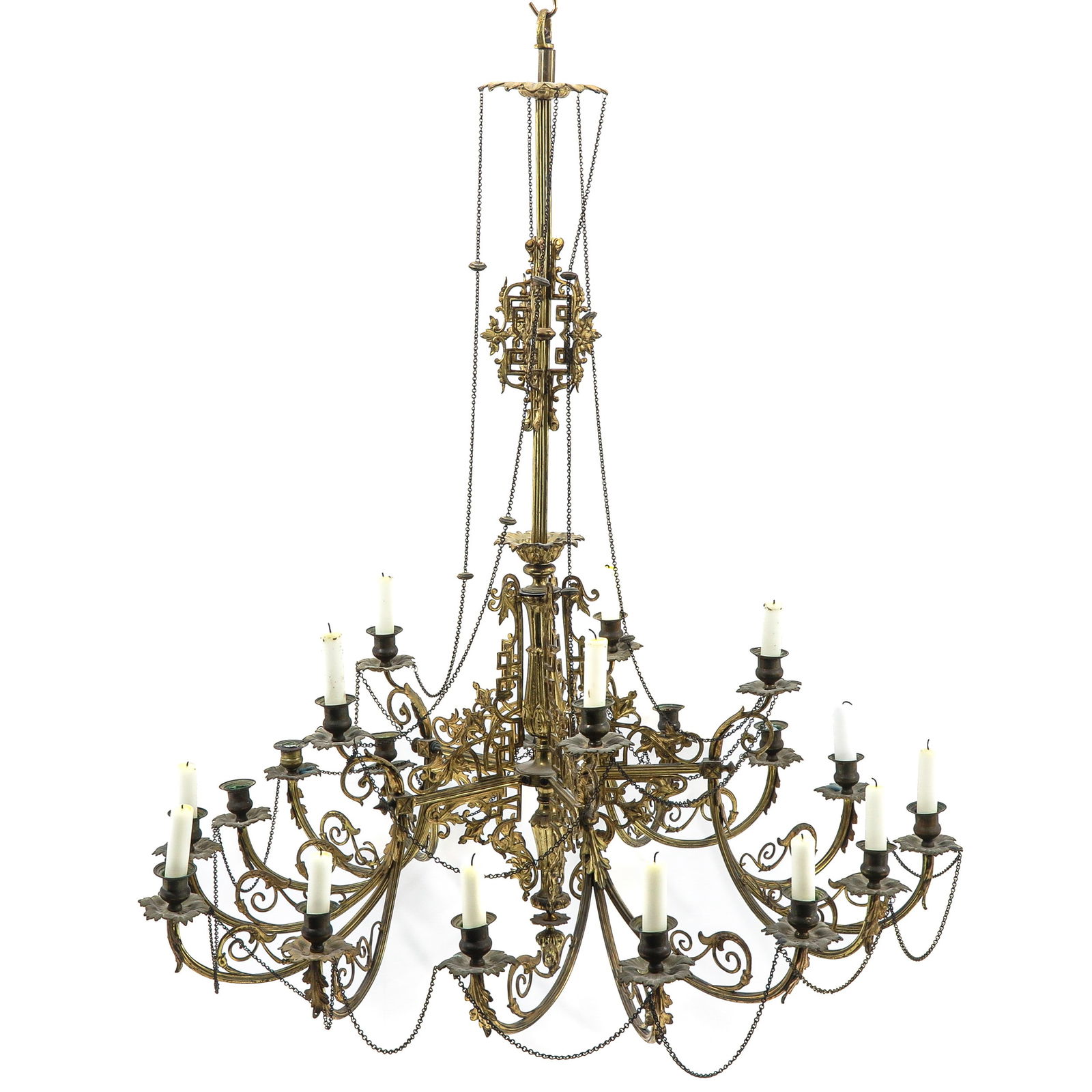A Chandelier: With ornamental arms, chains, and leaf ornaments, height 105 cm.