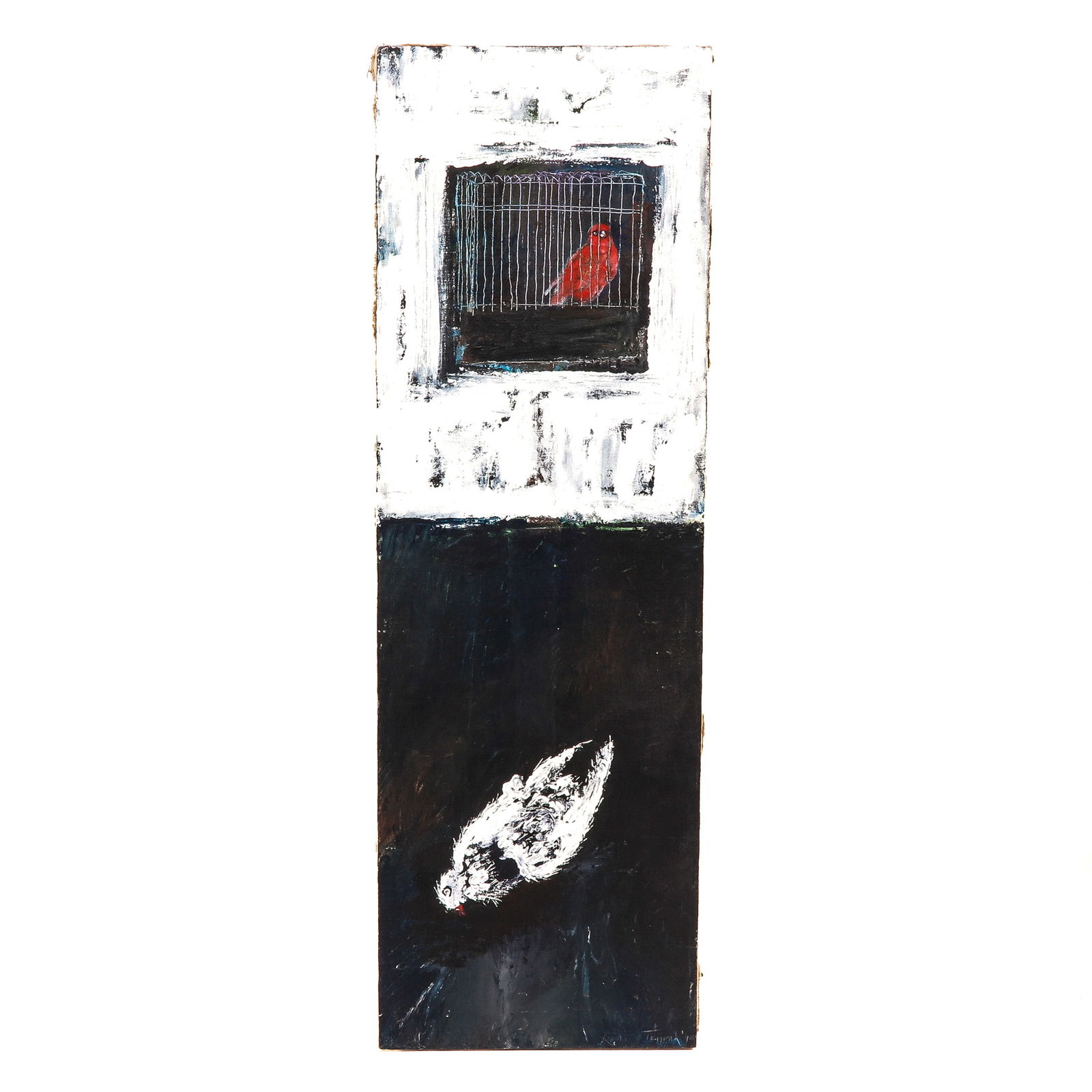 An Oil on Canvas Painting: Oil on canvas, signed and dated '90, depicting a red bird in a cage above and a fallen bird below, 45 x 135 cm.