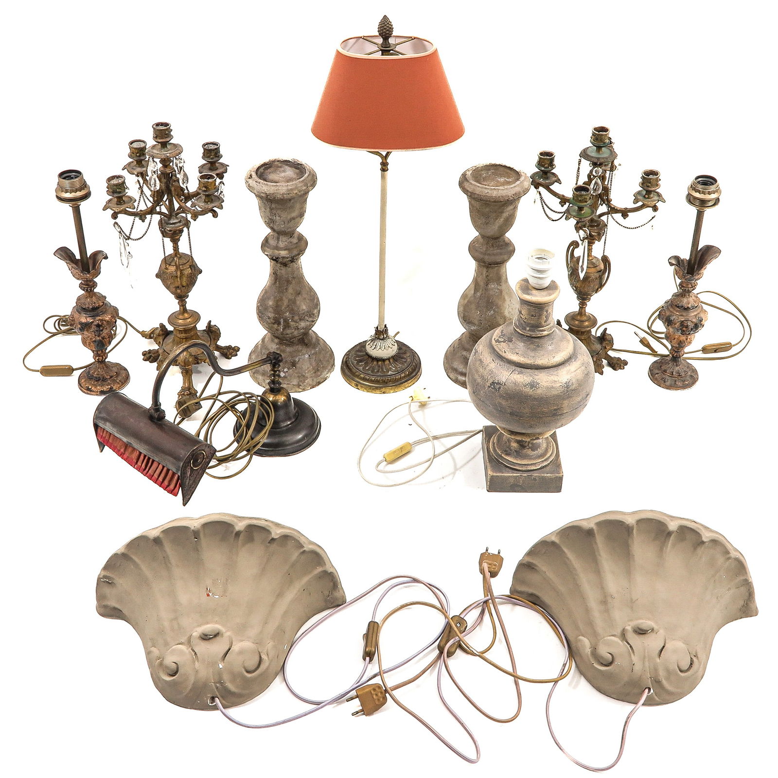 A Diverse Collection of Items: Consisting of various lamps and candlesticks, height 63 cm.