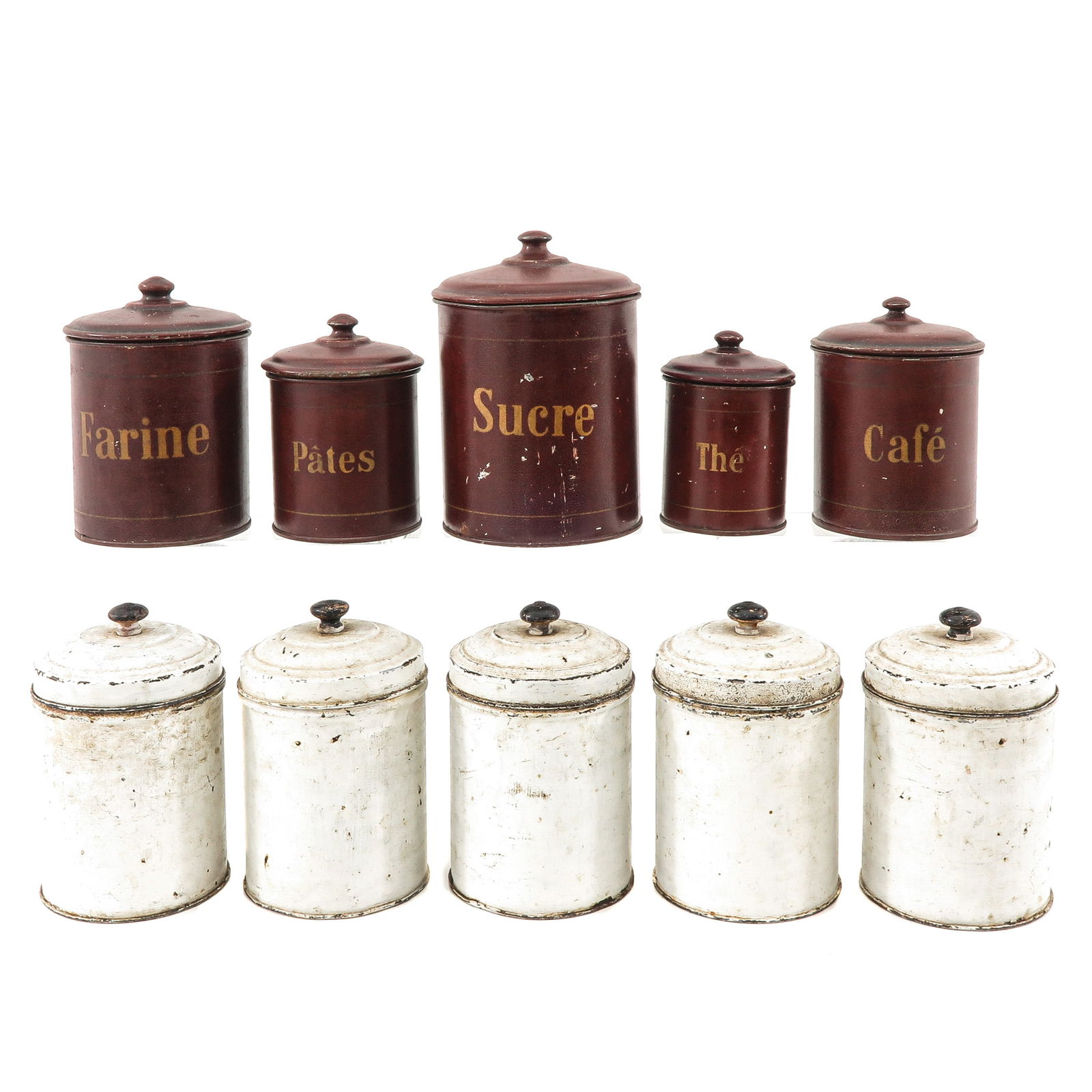 A Group of Metal Storage Containers: Consisting of 10 metal storage containers with lids, height 17 cm.