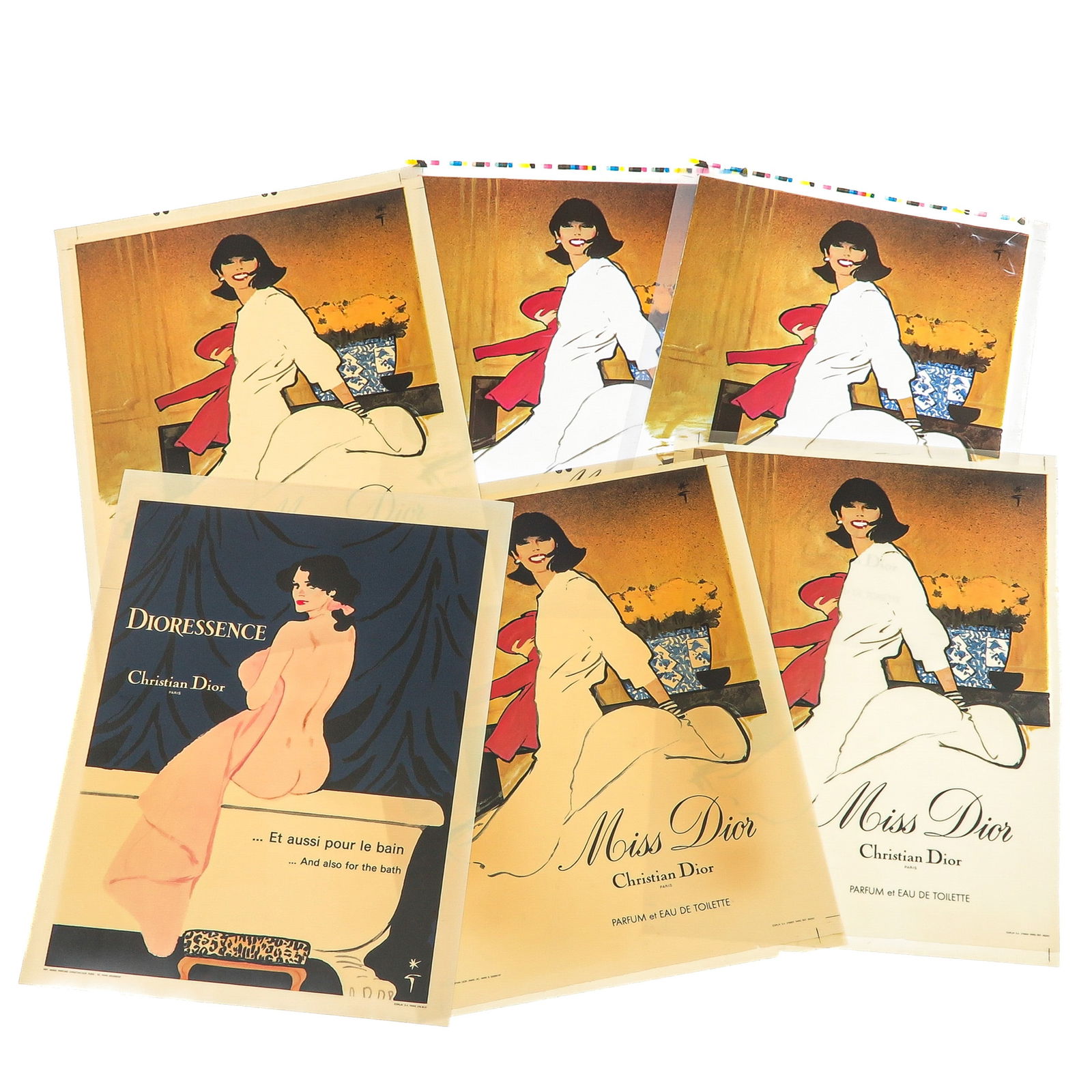 A Group of Lightbox Advertisement Signs: Consisting of 6 lightbox advertisements for Christian Dior, featuring Miss Dior and Dioressence, ca. 1930, 42 x 57 cm.