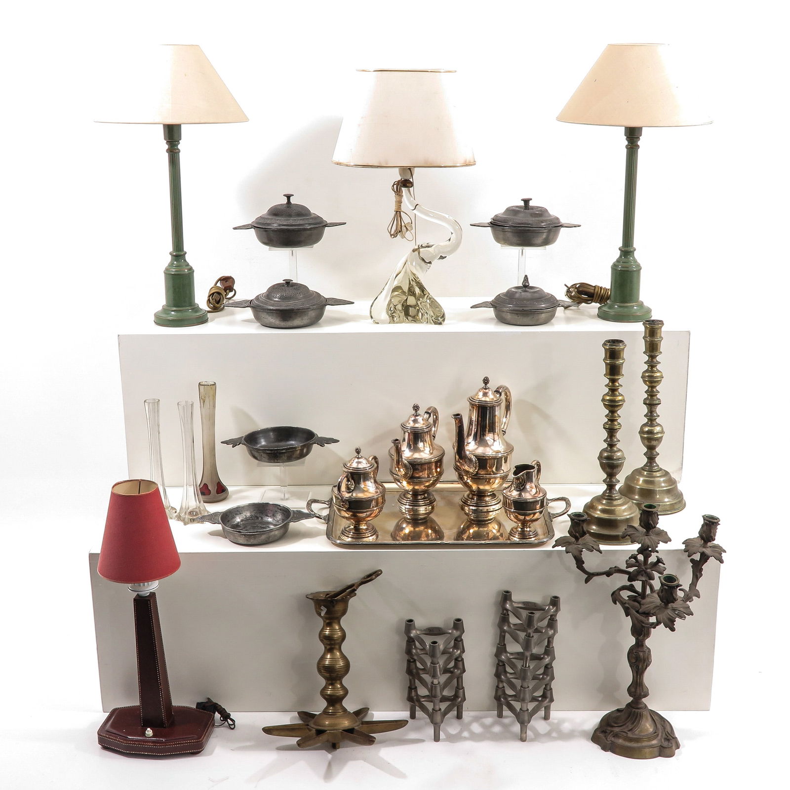 A Large Diverse Group of Items: Consisting of decorative objects, including a silver-plated coffee set with a tray, length 55 cm.