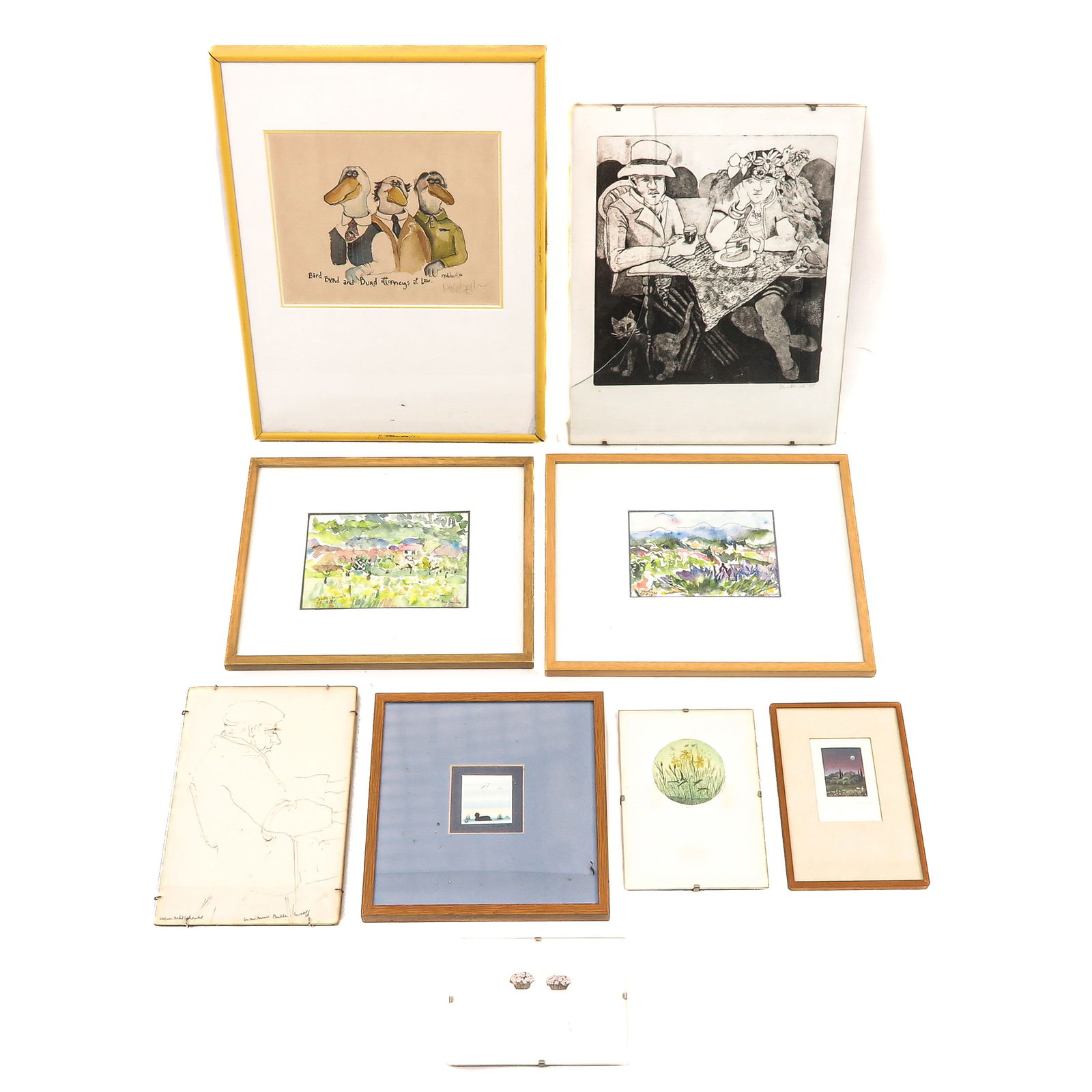 A Group of 9 Works of Art: Consisting of 9 different artworks, the largest 40 x 30 cm.