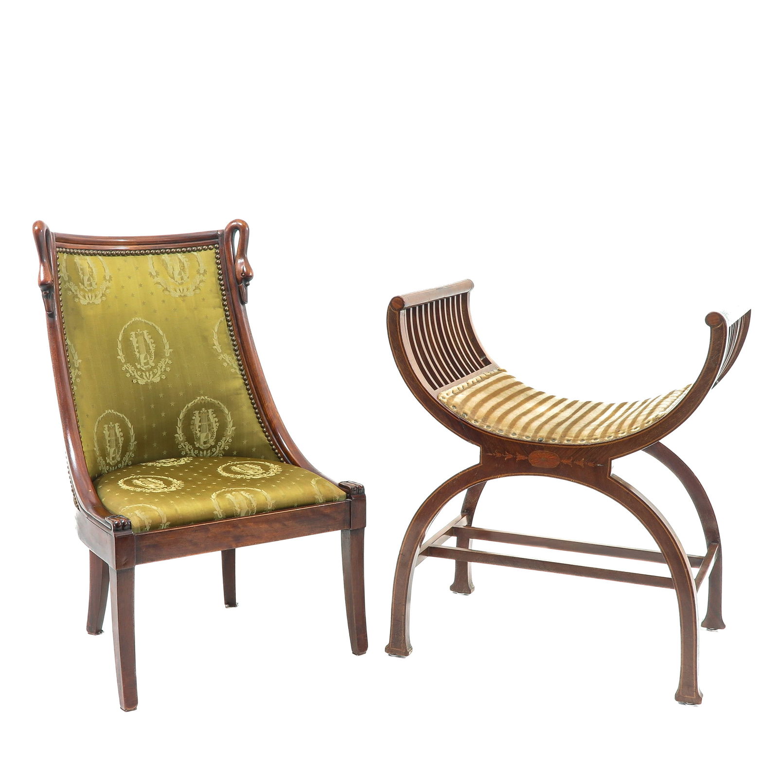 A Chair and Stool: Consisting of a mahogany chair and stool, Empire period, chair height 79 cm.