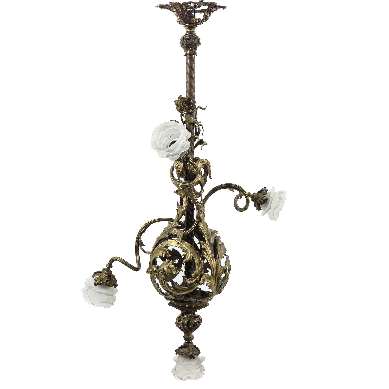 A Bronze Hanging Lamp: Bronze, with richly detailed leaf and scroll decoration, with four flower-shaped glass shades, height 98 cm.