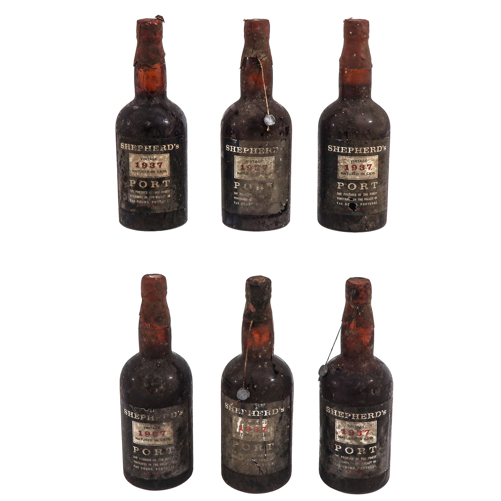 A Lot of 6 Bottles of Port: Consisting of 6 bottles of Shepherd's Vintage Port 1937, height 26 cm.
