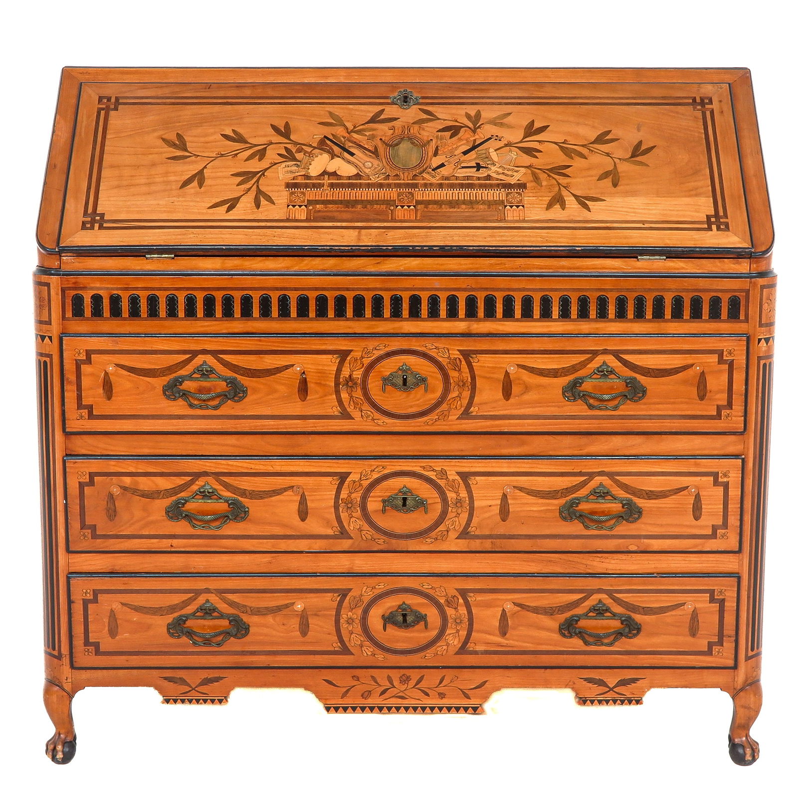 A Drop Down Desk: 18th century, with inlays of various luxury woods, with a writing interior and three drawers, signed H.G. FELT-1777, 124 x 119 x 59 cm.