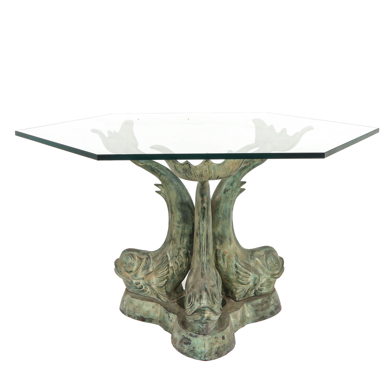 A Bronze Base Dining Table: With bronze base in the shape of fish and glass top, 120 x 77 x 120 cm.