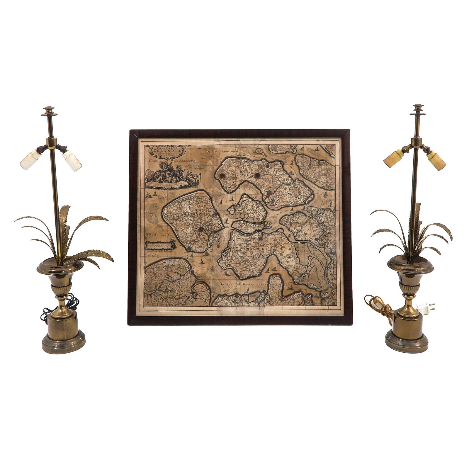 A Diverse Group of Items: Consisting of a framed map of Zeeland together with a pair of brass table lamps, height 64 cm.