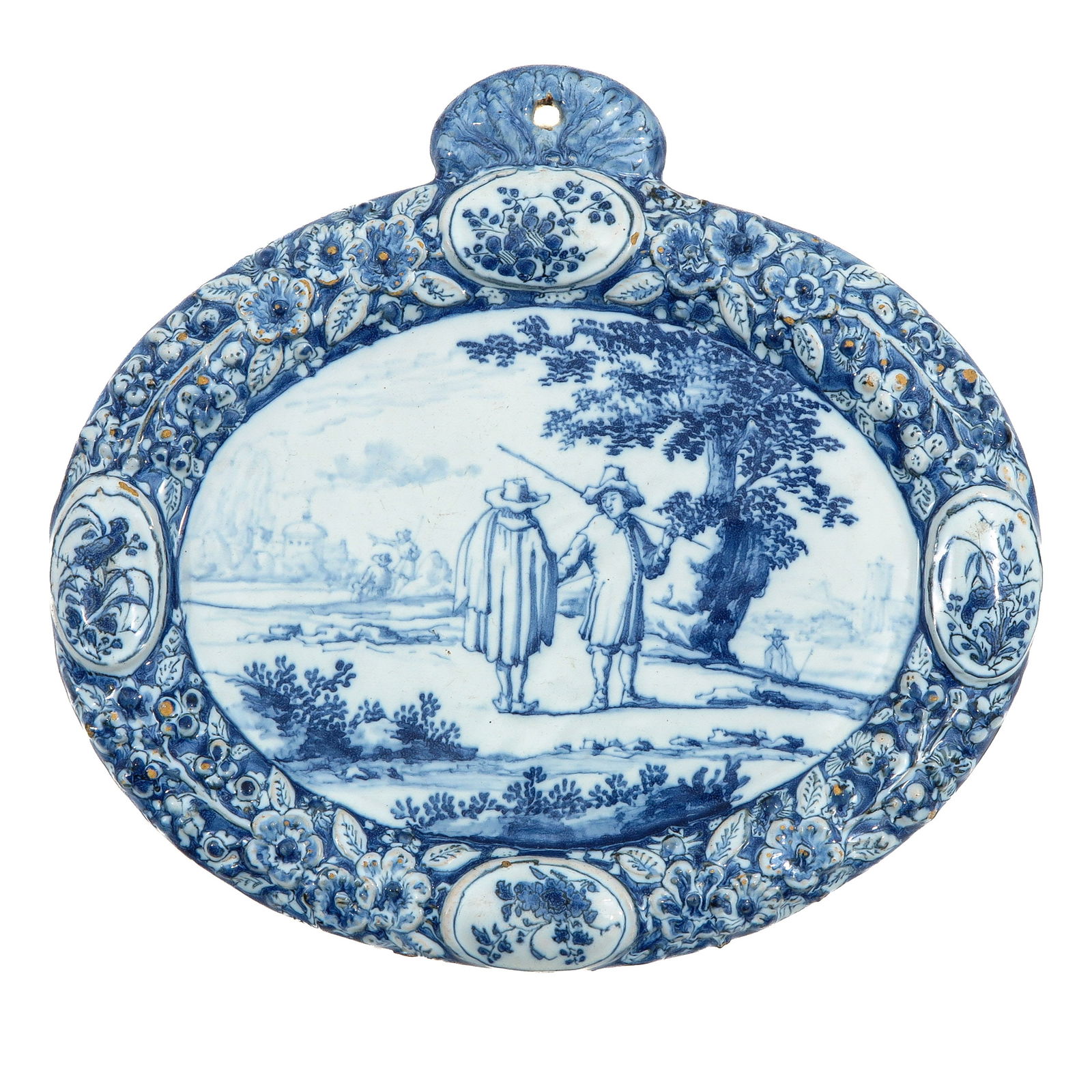 A 17th Cenury Plaque: 17th century, decorated with a pastoral landscape scene with two figures in the foreground under a tree, dimensions 25 x 22 cm, see Sotheby's catalog, November 1, 2018, p. 39, former Morpurgo