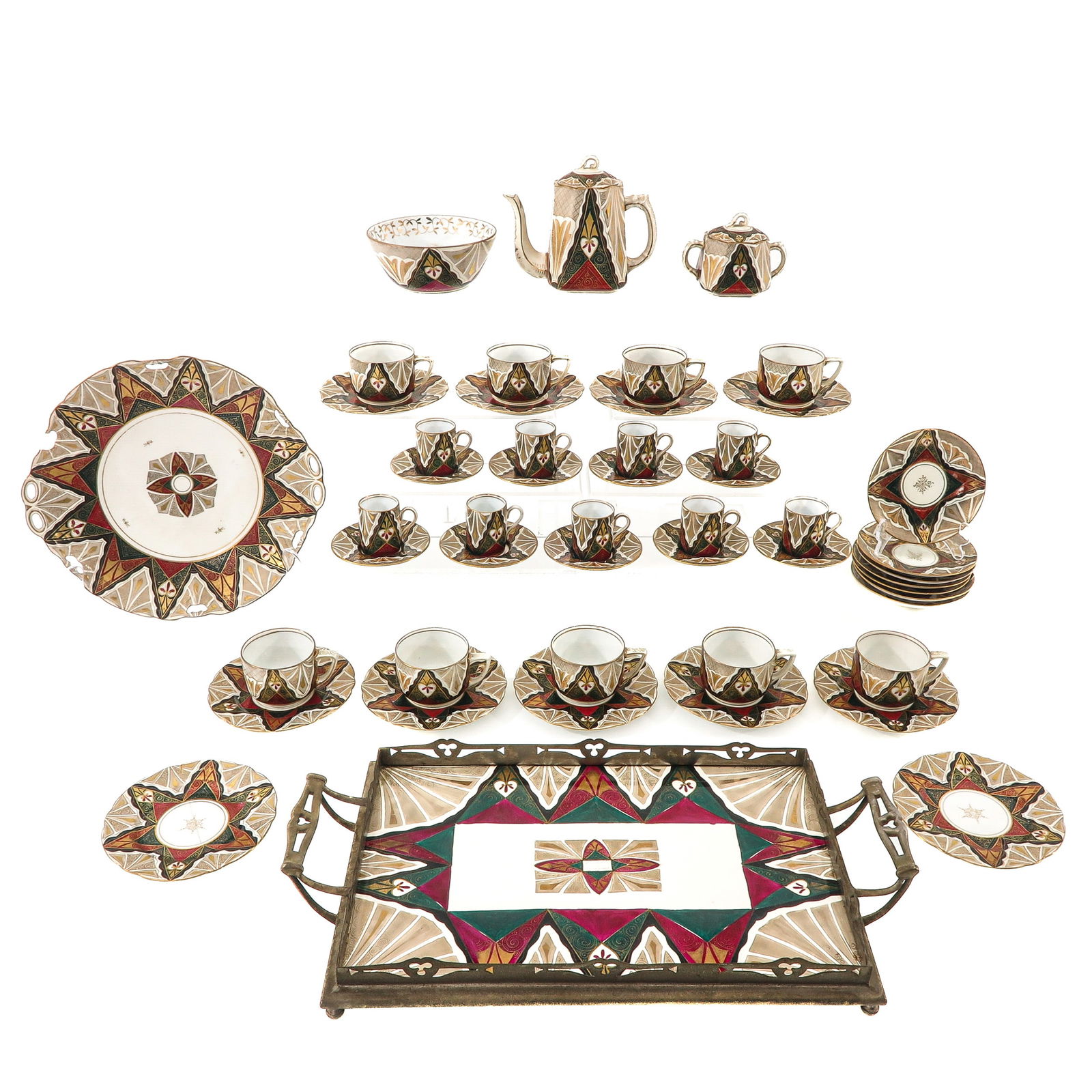 A Coffee and Tea Service: Austria, coffee and tea service, ca. 1910, Alhambra decor, tray length 46 cm. In various conditions.