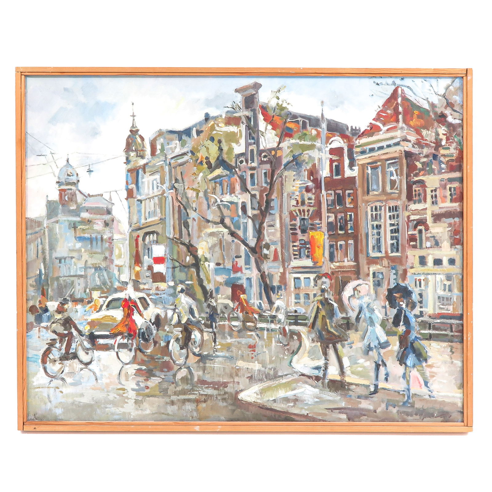 An Oil on Canvas Painting: Oil on canvas, depicting an Amsterdam street with cyclists and pedestrians, 102 x 80 cm.