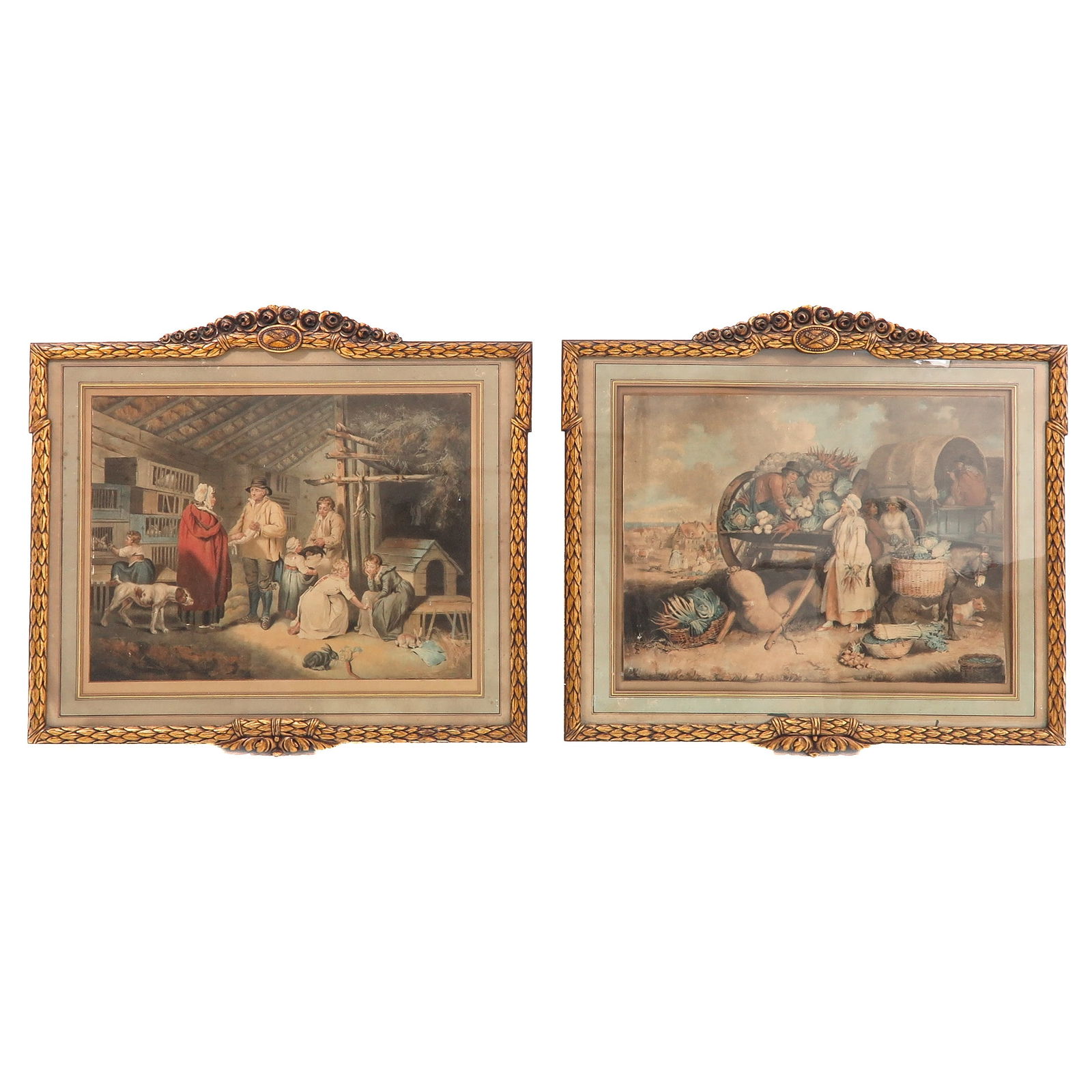 A Pair of Framed Artworks: Framed artworks depicting figures and cattle, 80 x 73 cm.