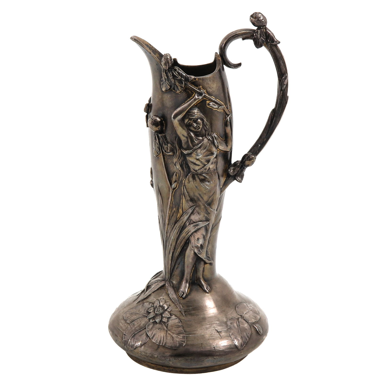 A Pewter Art Nouveau Pitcher: Art Nouveau, pewter, with sculptural decoration of a female figure, height 33 cm.