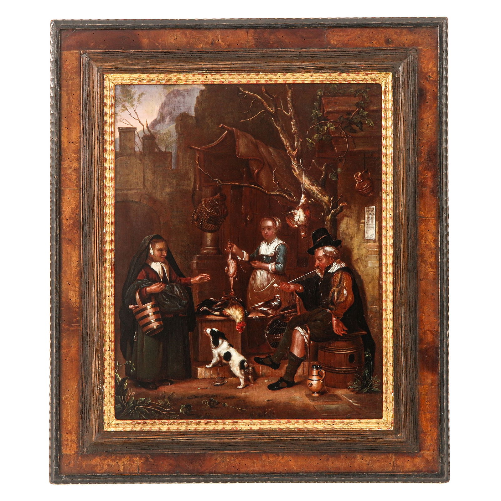 An Oil on Panel Painting: Oil on panel, depicting two women, a man, and a dog, 30 x 40 cm.