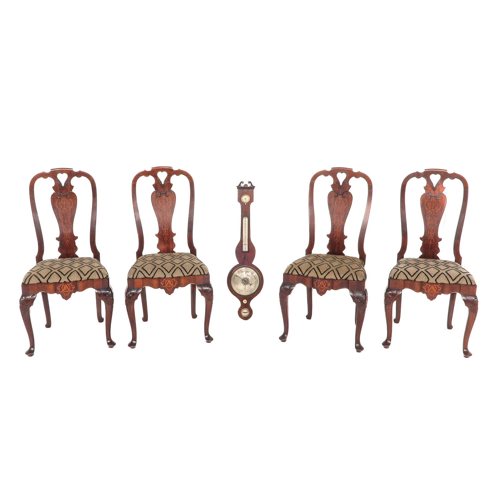 A Set of Chairs and a Barometer: Consisting of four chairs with inlay and a banjo barometer, height 97 cm.