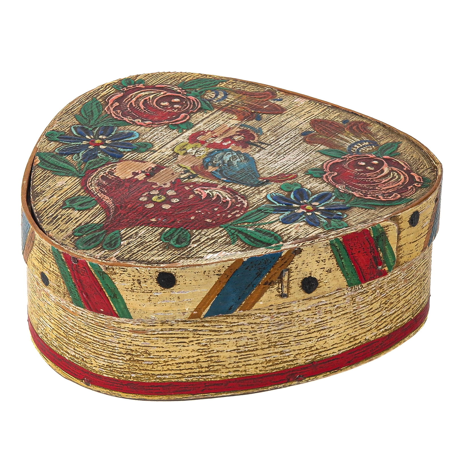 A Rare Dutch Spanen Doos: Painted wood, very rare, heart-shaped, decorated with polychrome floral and bird motifs, 16 x 6 x 16 cm.