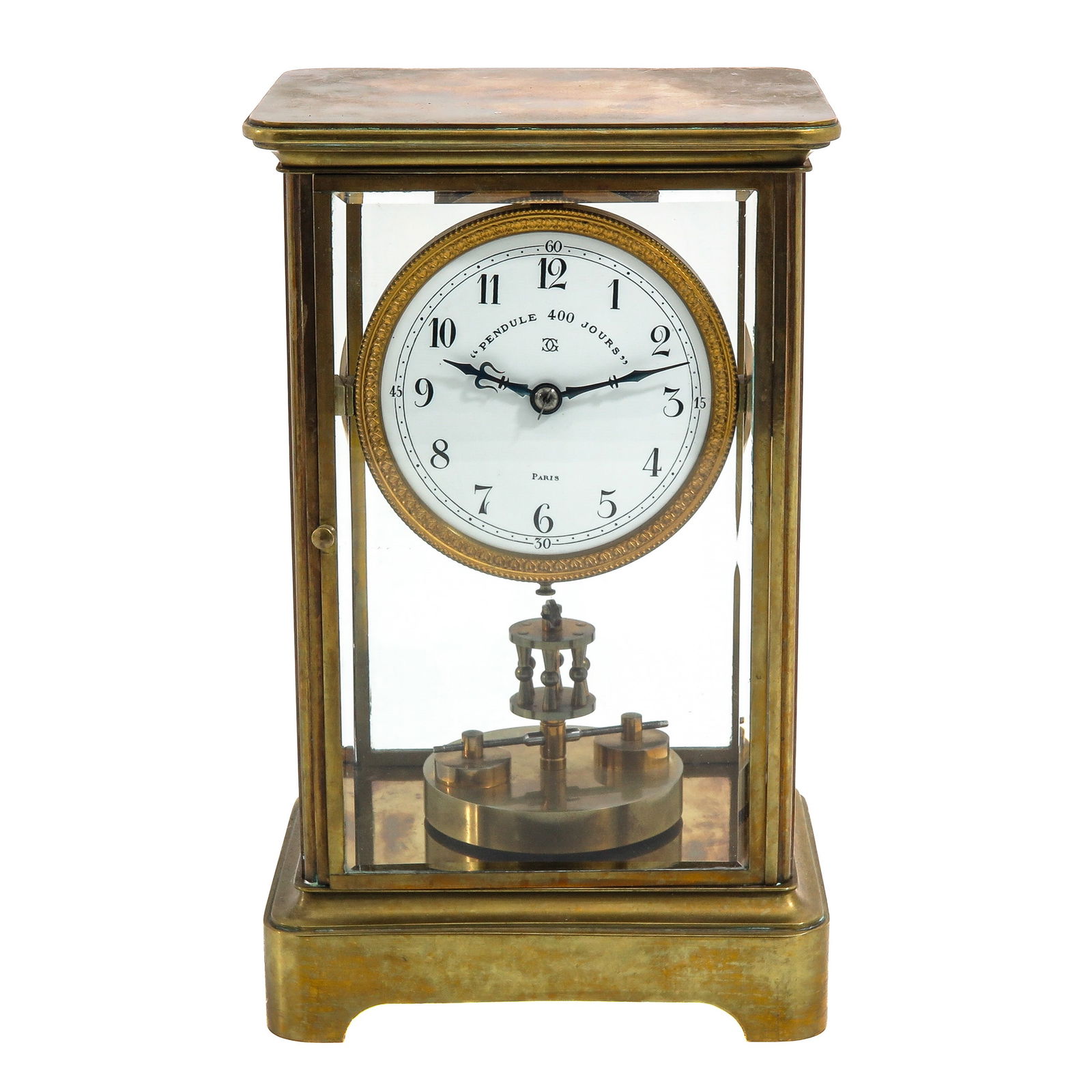 A Pendule: 400 days, with a brass and glass case, Paris, height 27 cm.