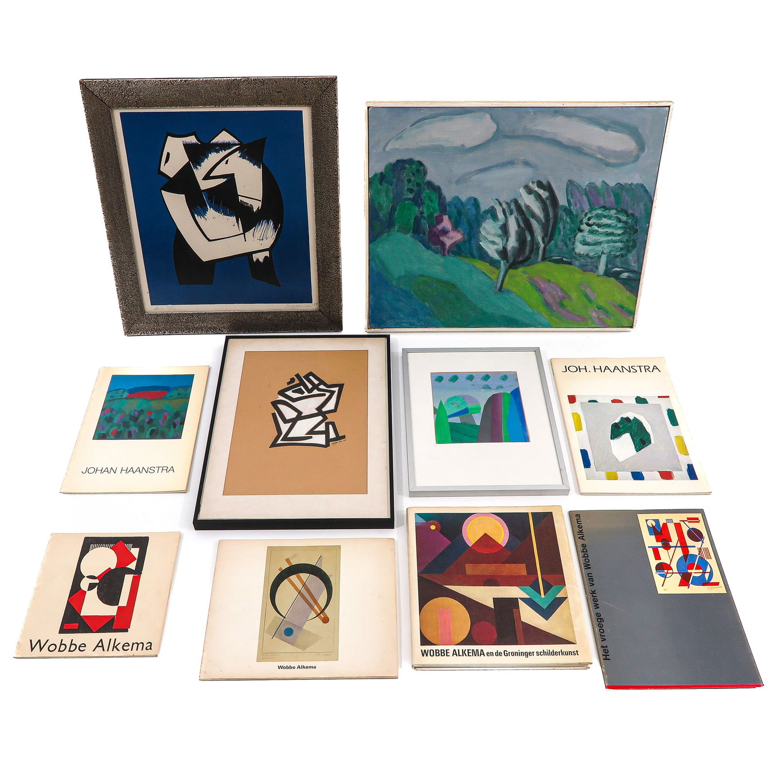 A Group of Artwork and Books: Various art and books, including an oil on board, mixed media work by Johan Haanstra, purchased directly from the artist in 1980, signed, 16 x 16 cm.
