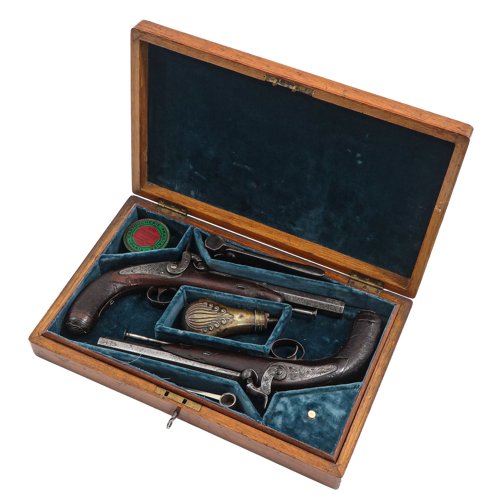 A French Dueling Pistol Set in Original Case: Percussion, ca. 1840, length 29 cm.