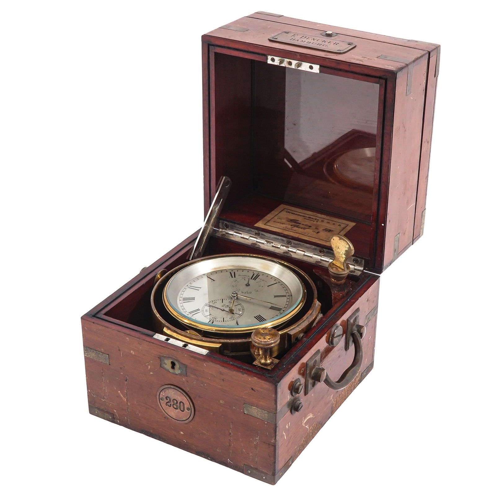A Chronometer: Dencker, Hamburg, 19th century, 18 x 20 x 18 cm. Box dimensions 18 x 20 x 18 cm.