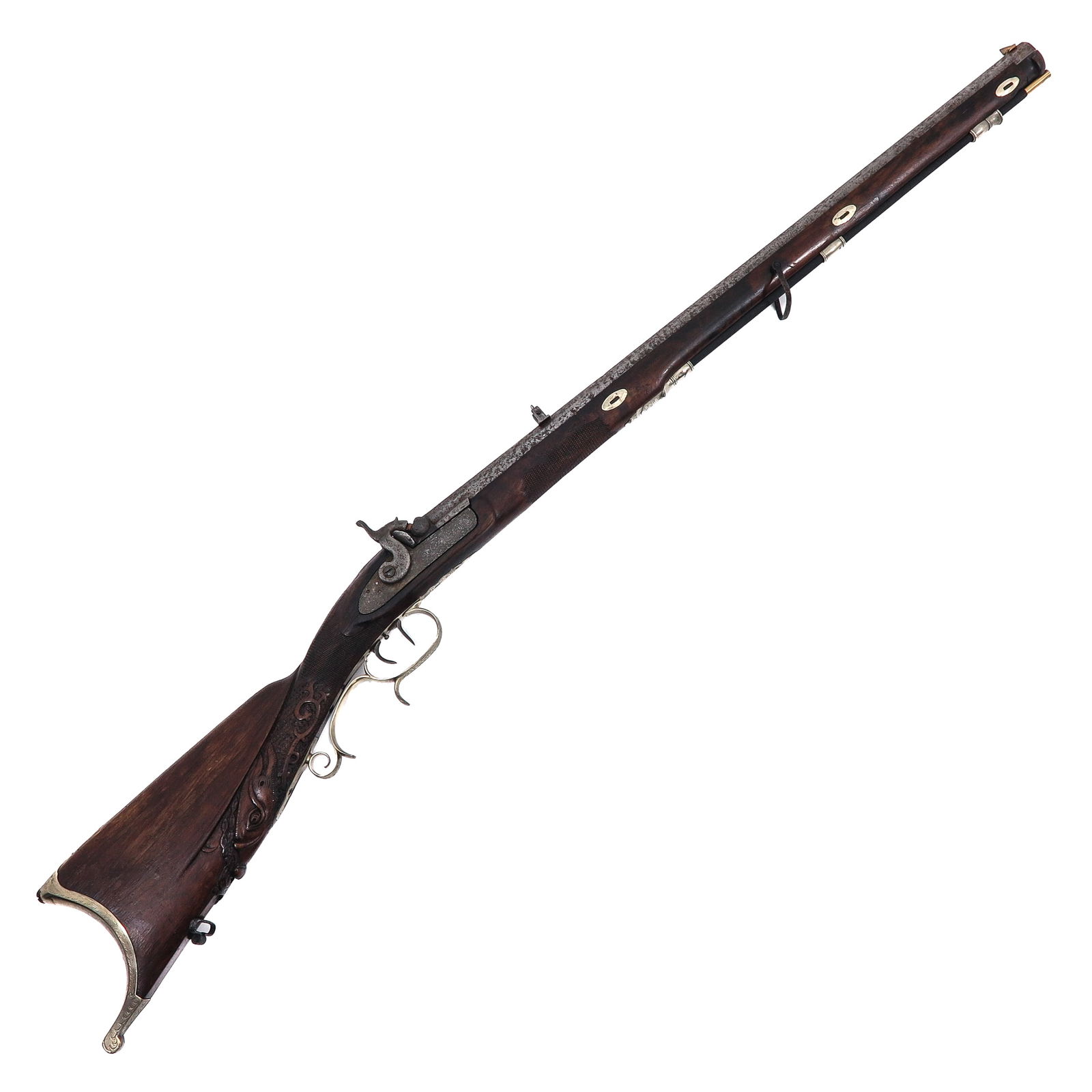 An Antique Hunting Rifle: Percussion with wood carving and engravings, ca. 1840, length 115 cm.