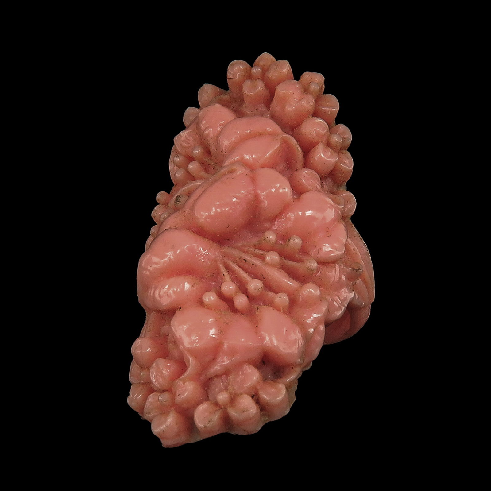 A Ladies Pink Coral Ring: Carved pink coral, ring size 15.5