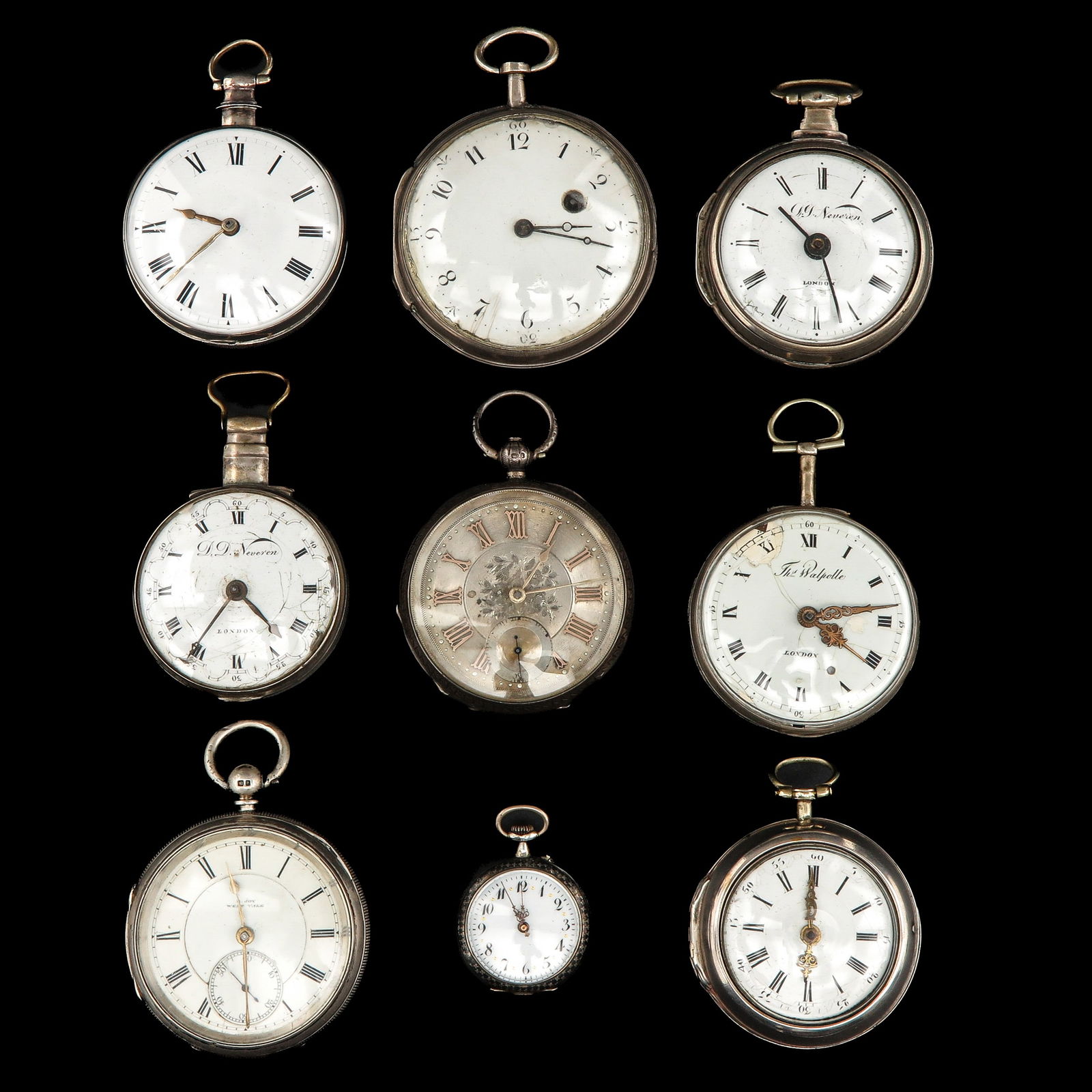 A Group of 9 Pocket Watches: Consisting of 9 pocket watches, largest diameter 60 mm.