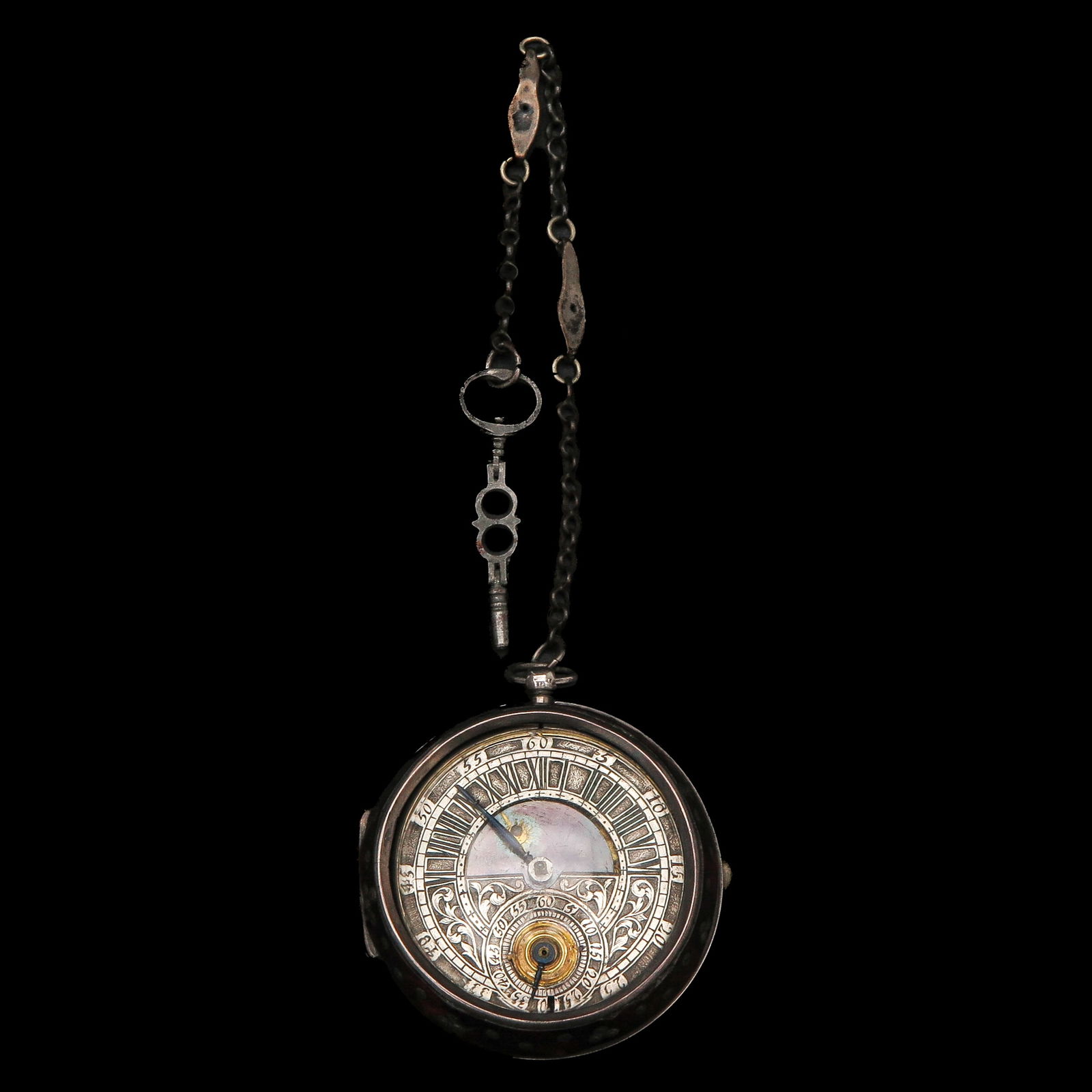 A Pocket Watch: Signed Tompion, London, with a richly engraved case, outer case diameter 53 mm, with a key.