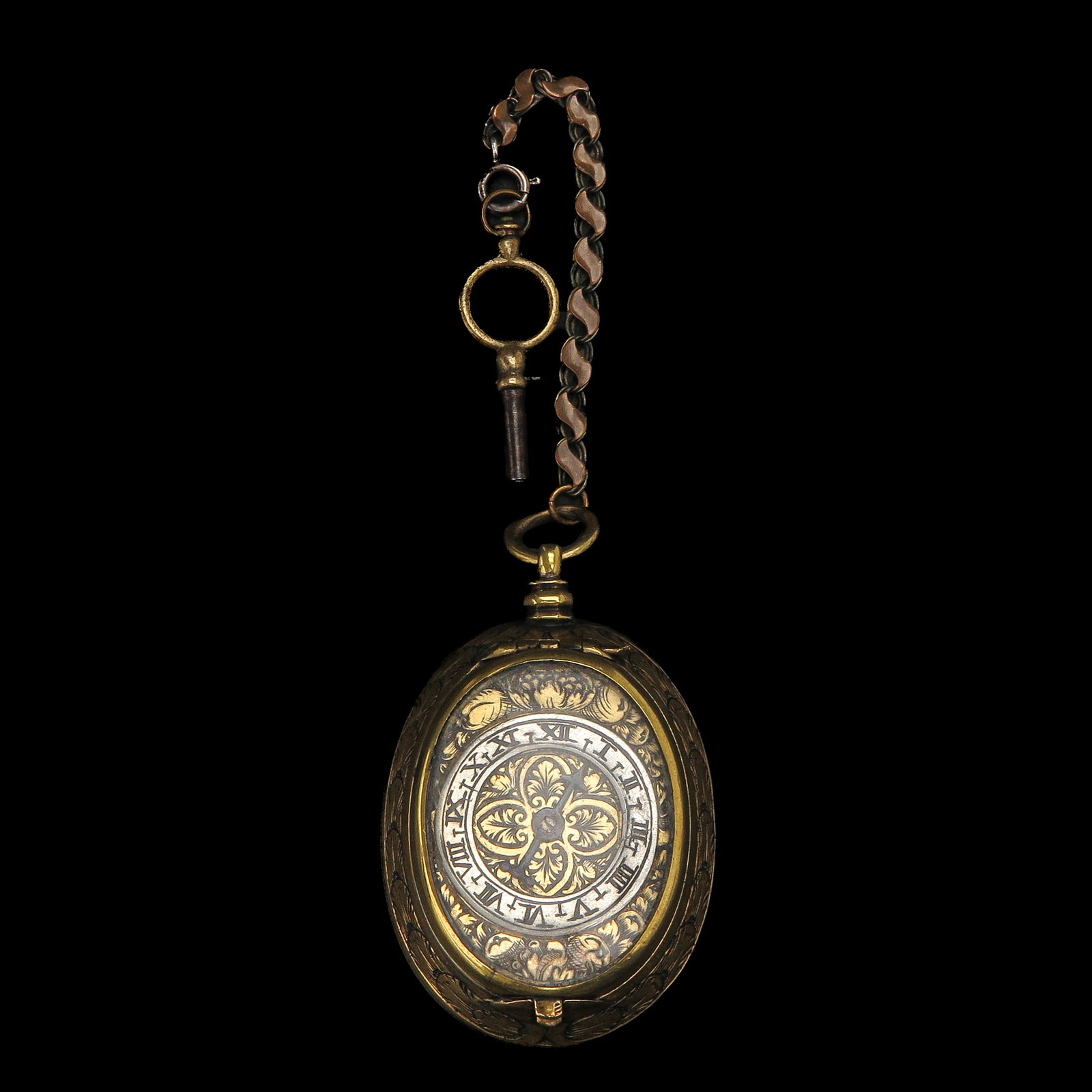 A Pocket Watch: Augsburg, richly engraved case, 24-hour dial with Roman numerals, back with engraved landscape decoration, 39 x 50 mm, with key.