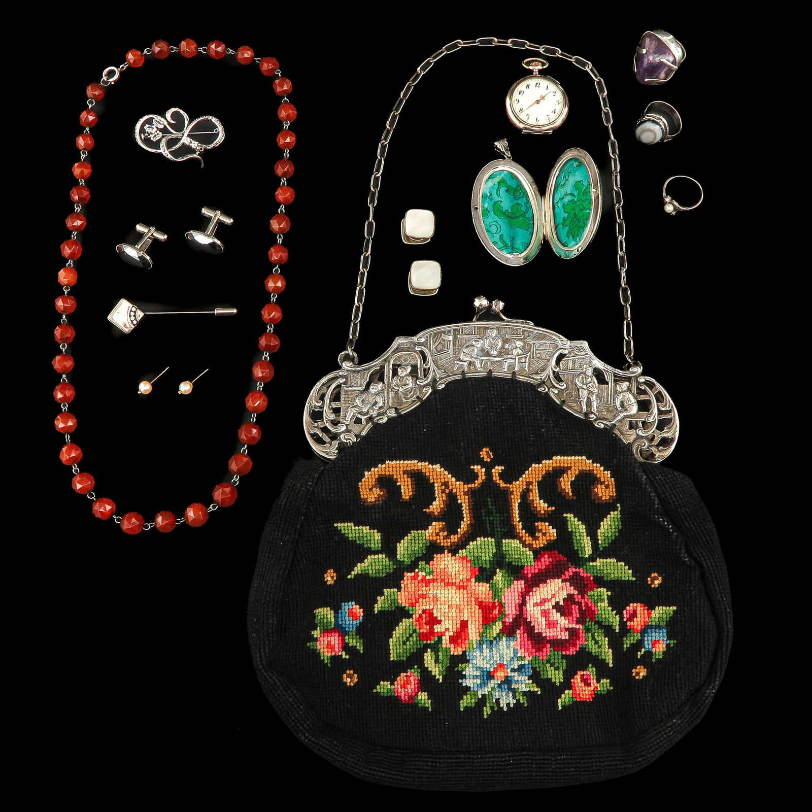 A Group of Jewelry and Accessories: Various jewelry, including a clasp bag, width 17 cm.