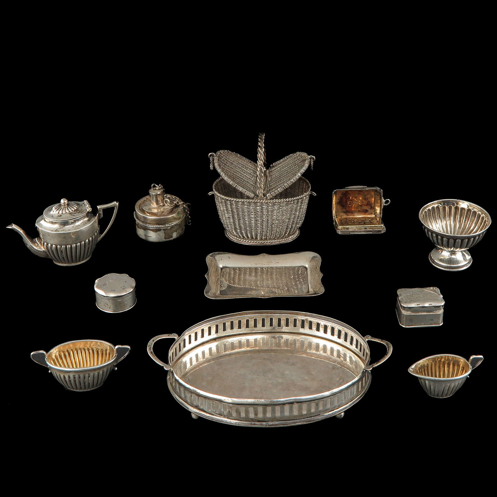 A Group of Miniatures: Miniatures, including coffee set, tray length 100 mm, Birmingham, maker's mark CS * FS = Cornelius Saunders, Frank Shepherd