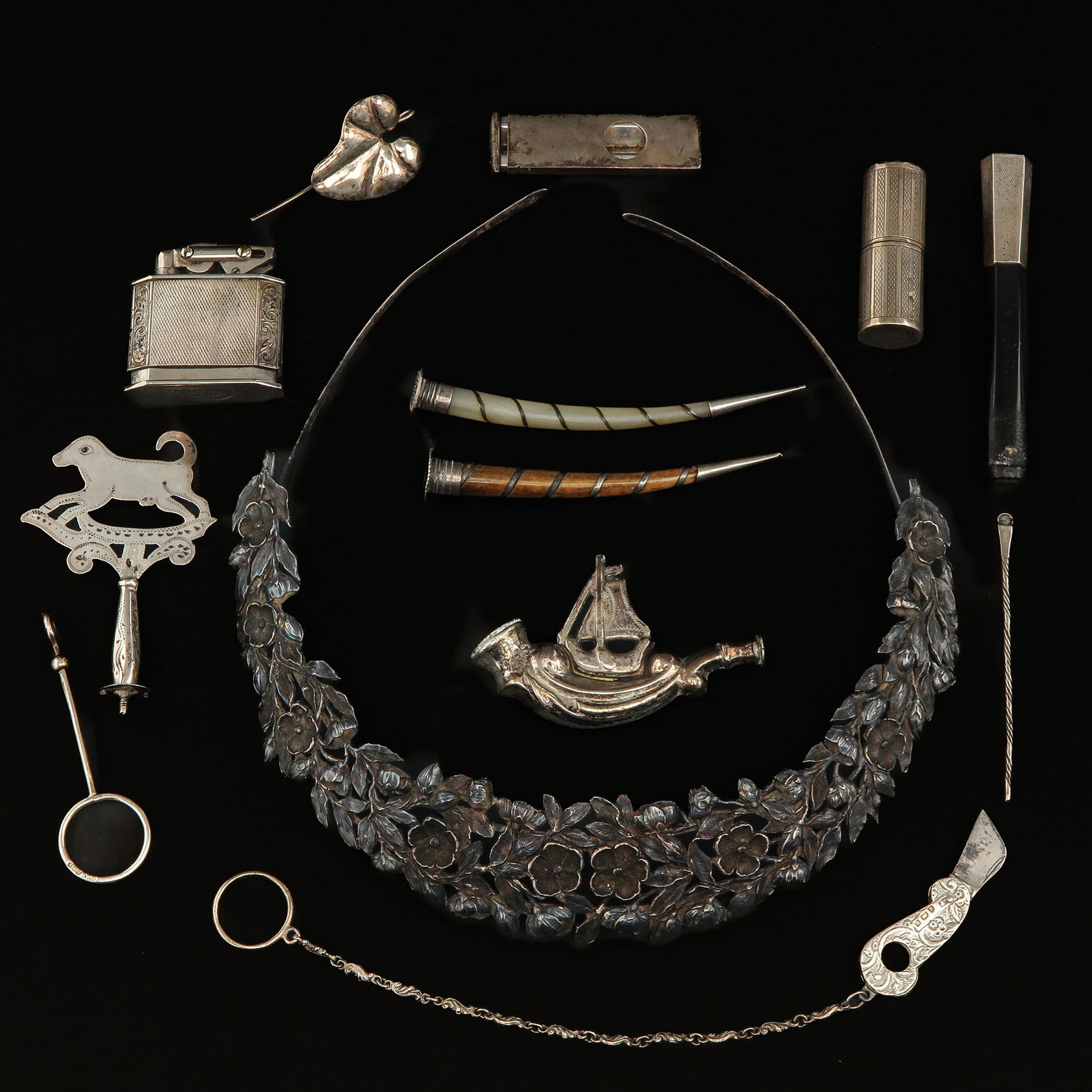 A Diverse Group of Items: including cigarette holder, England London, 1st grade, year letter T, length 69 mm. and silver diadem, England London, year letter L = 1886, width 18 cm.