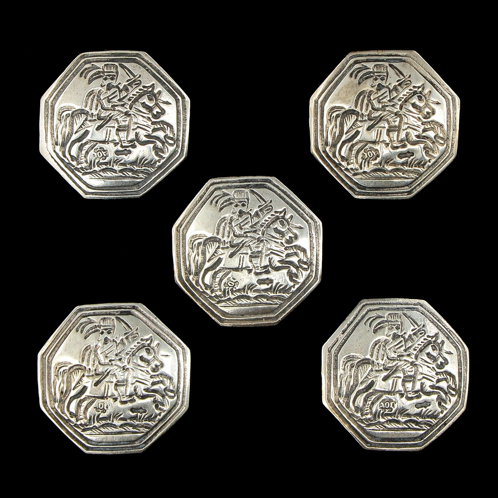 A Group of 5 Silver Buttons: Consisting of a series of 5 octagonal silver buttons, diameter 21 mm.