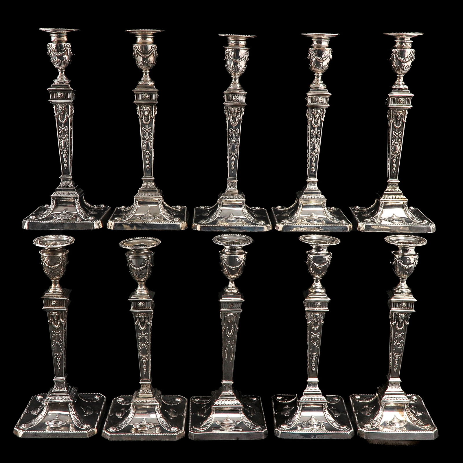A Rare Set of 10 Silver Candlesticks: 10 silver candlesticks, first-grade, William Hutton & Sons LTD, 1897, London, height 32 cm.