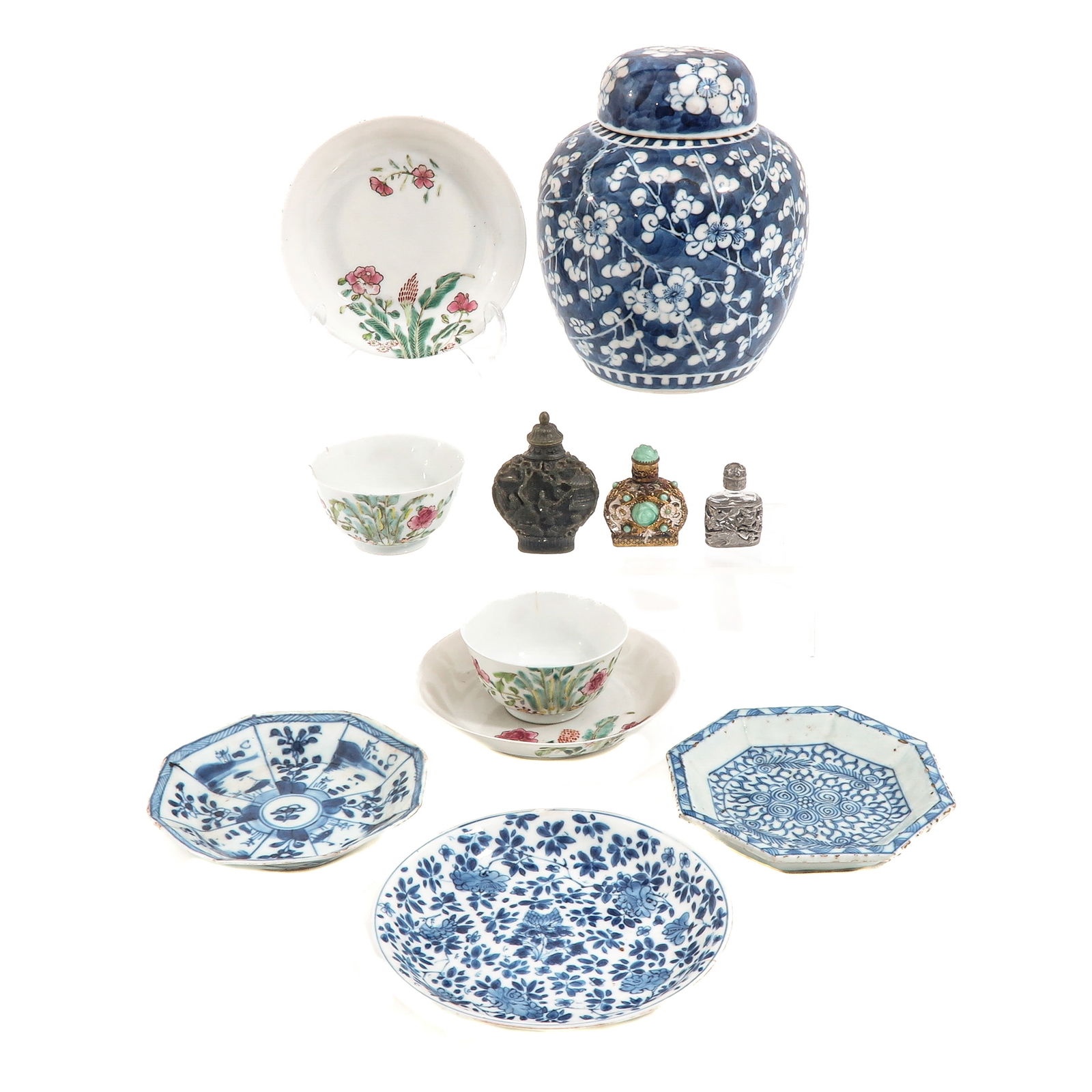 A Diverse Collection of Porcelain: A variety of items in various decors and sizes, ginger jar is 16 cm. tall, chip and hairline.