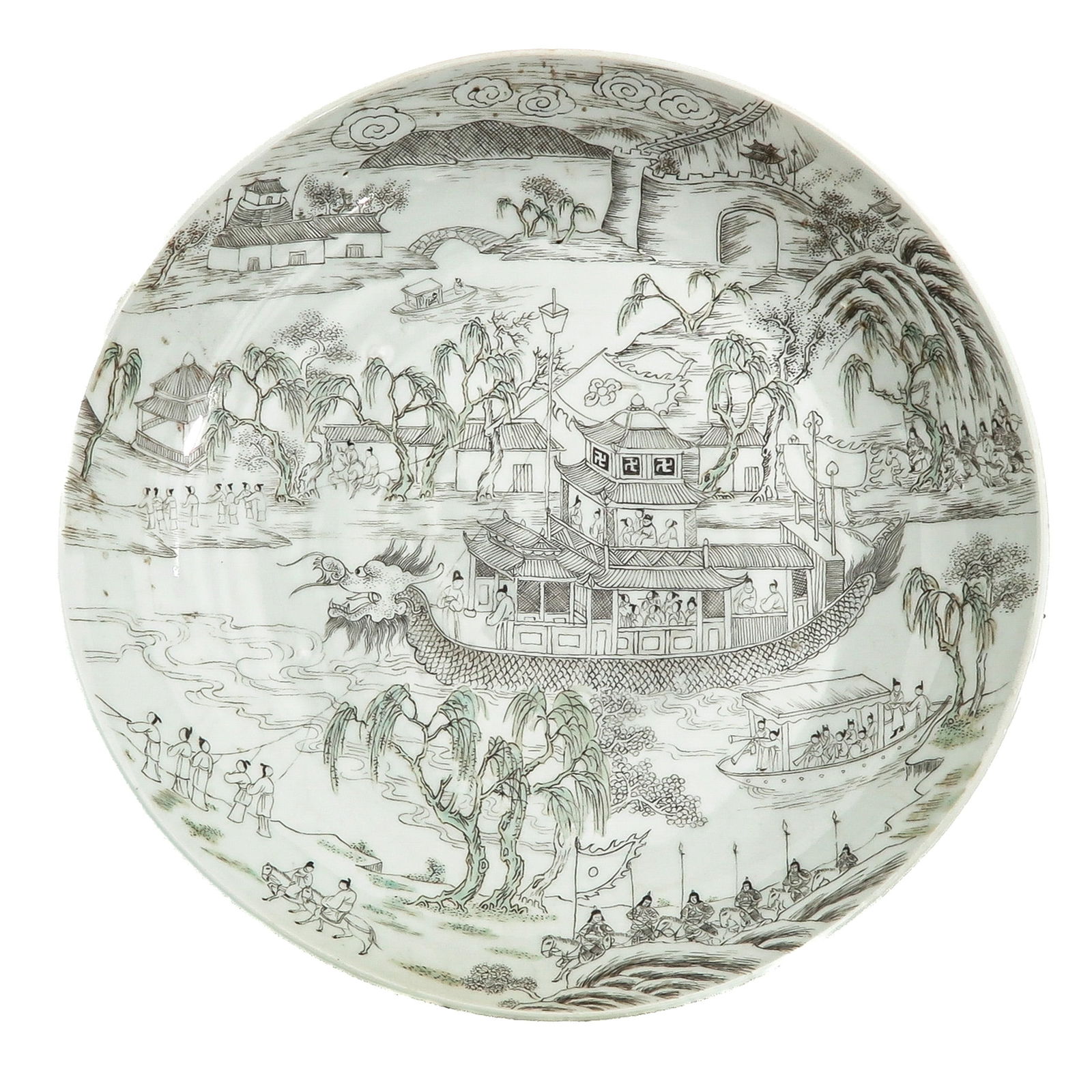 A Grisaille Decor Plate: Decorated with a river landscape, figures, boats and pavilion scenes, 19th Century, 24 cm. in diameter.