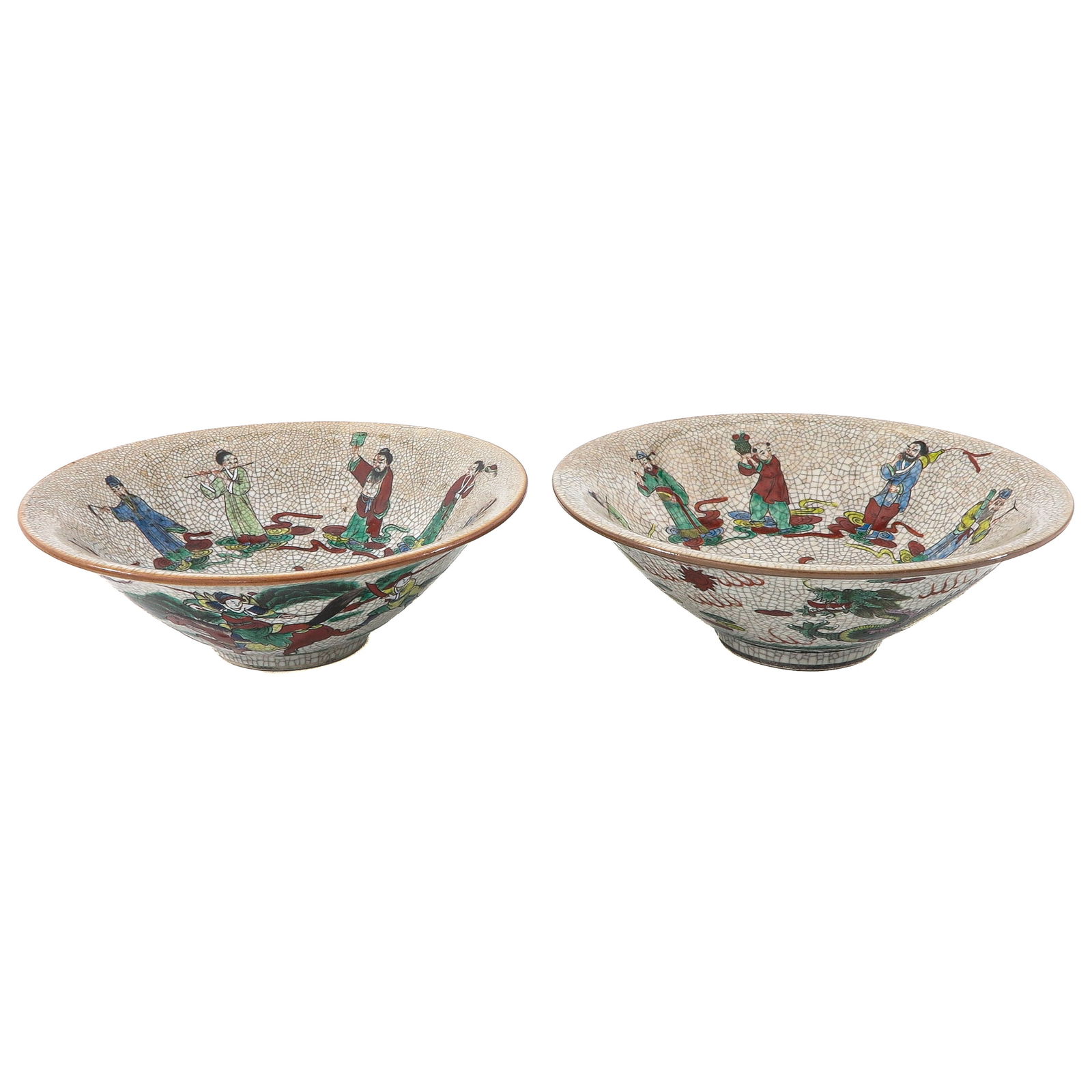 A Pair of Nanking Serving Bowls: Decorated with figures on scrolling clouds, 27 cm. in diameter.