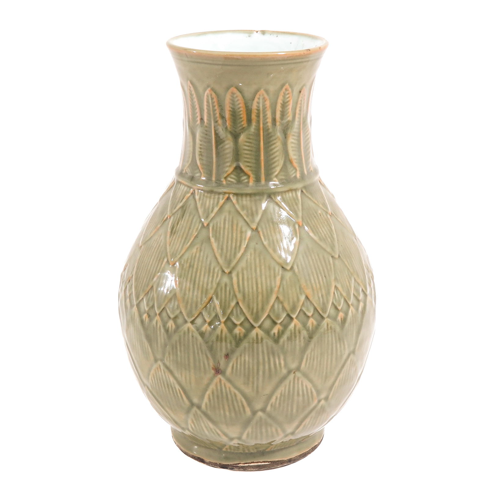 A Celadon Vase: Artichoke leaf decor, Qianlong mark, 19th Century, 43 cm. tall.