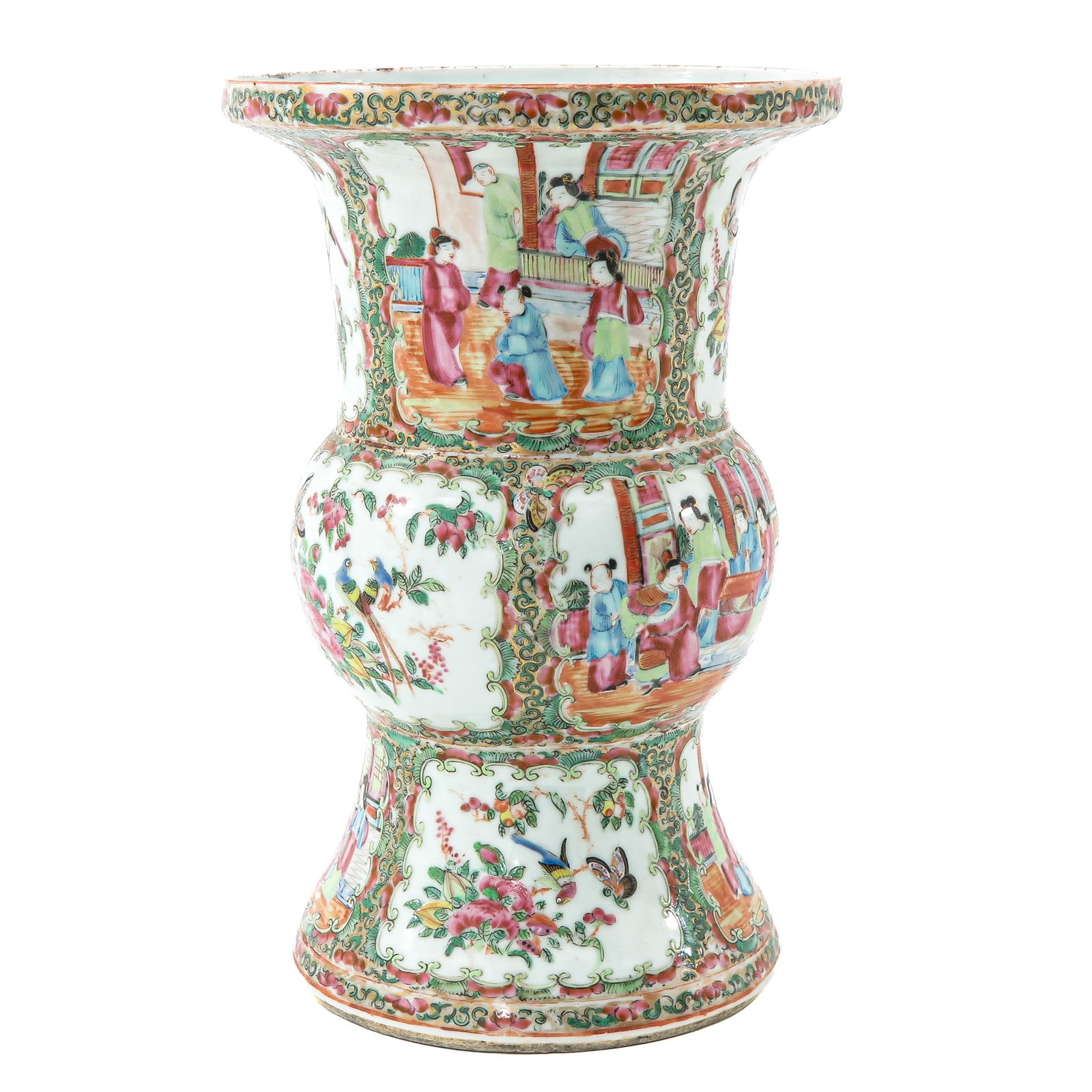 A Cantonese Vase: Decorated with figural cartouches alternating with floral and bird panels, 19th Century, 34 cm. tall, chip.