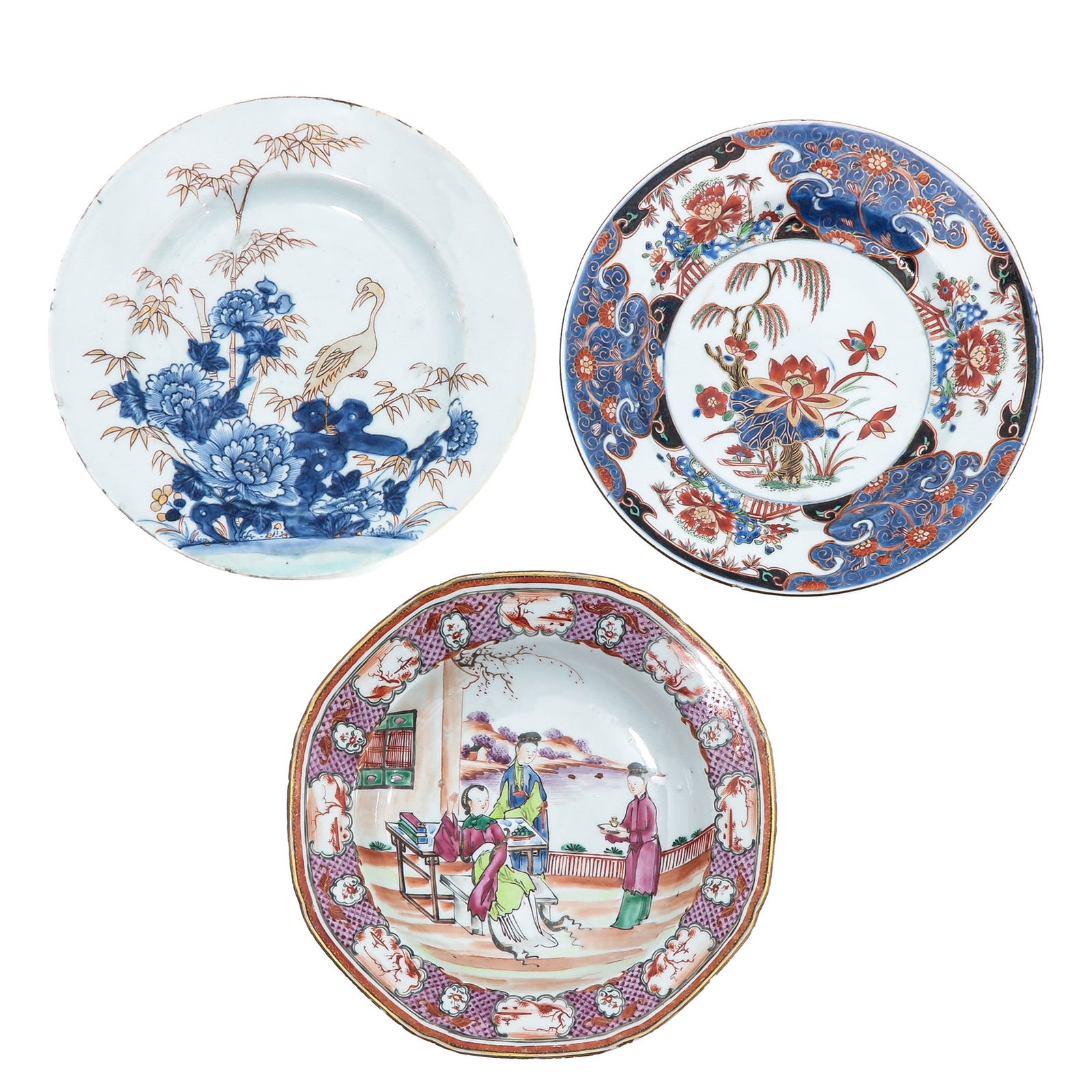 A Group of 3 Plates: Including Imari and Cantonese decors, 18th Century, 23 cm. in diameter, chip and hairline.
