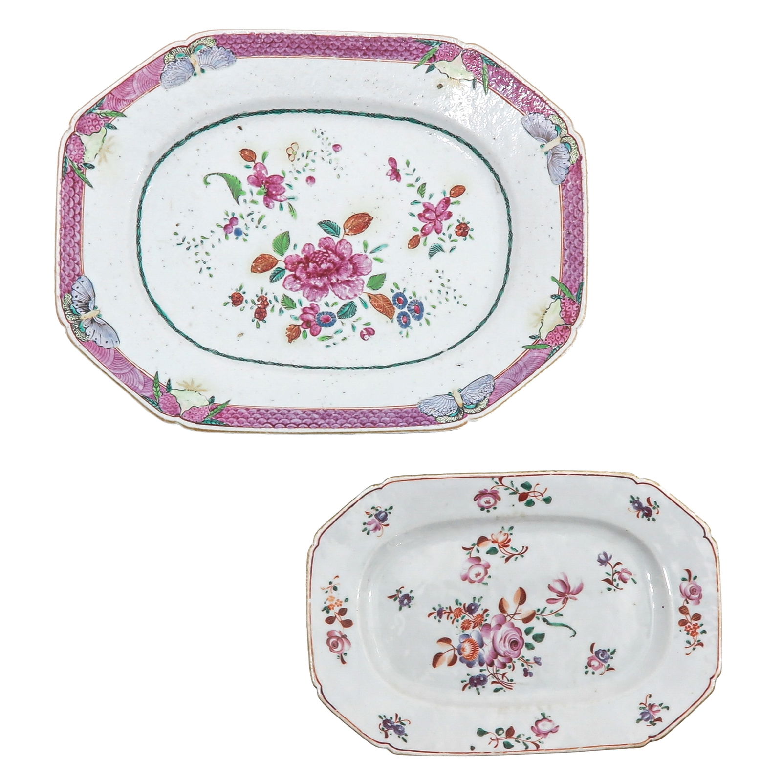 A Lot of 2 Famille Rose Platters: Decorated with floral sprays, ca. 1800, largest tray is 32 cm., chip.