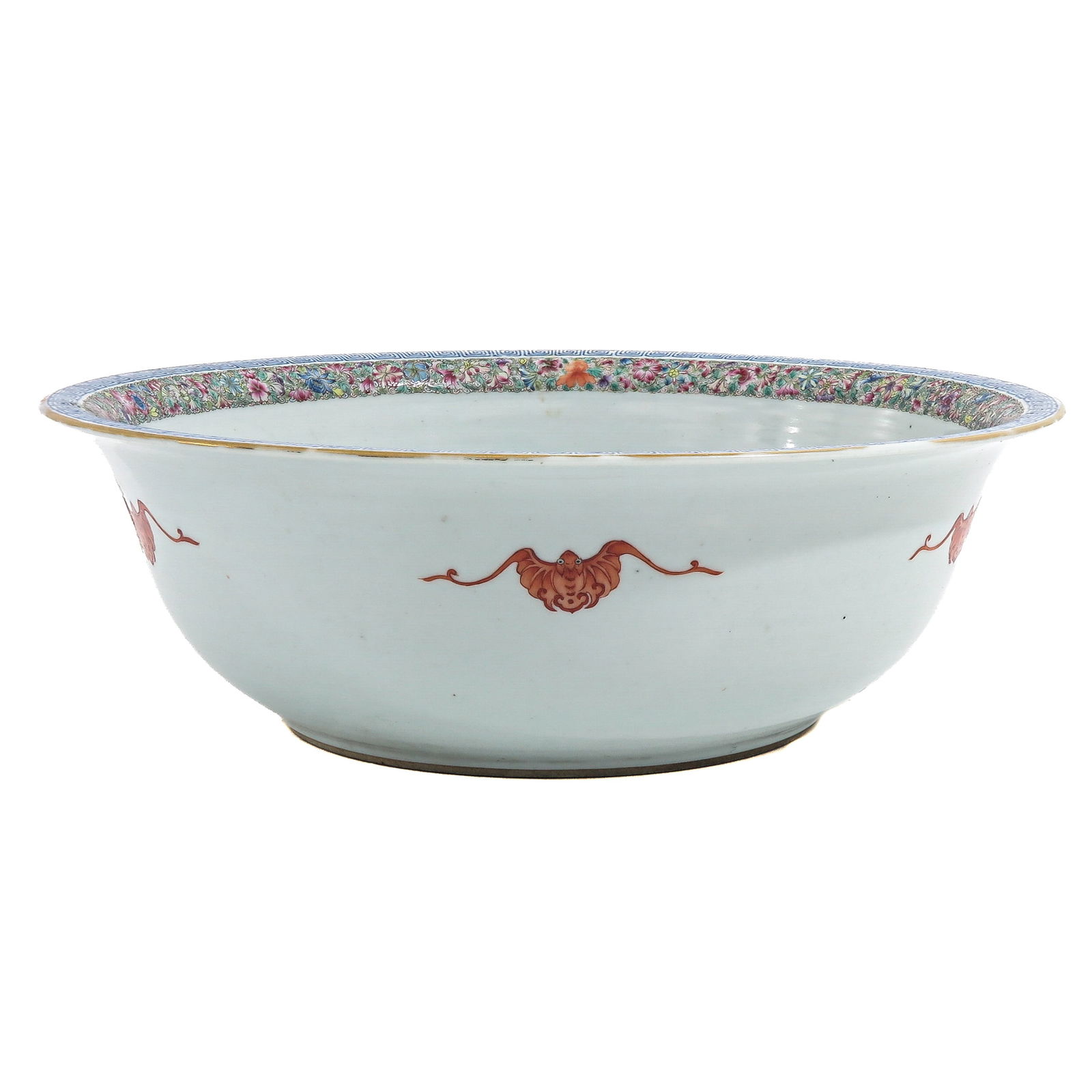 A Polychrome Decor Serving Bowl: Depicting bats with iron red motifs, the interior with floral border beneath a gilt rim, 18th Century, 36 cm. in diameter, restored.