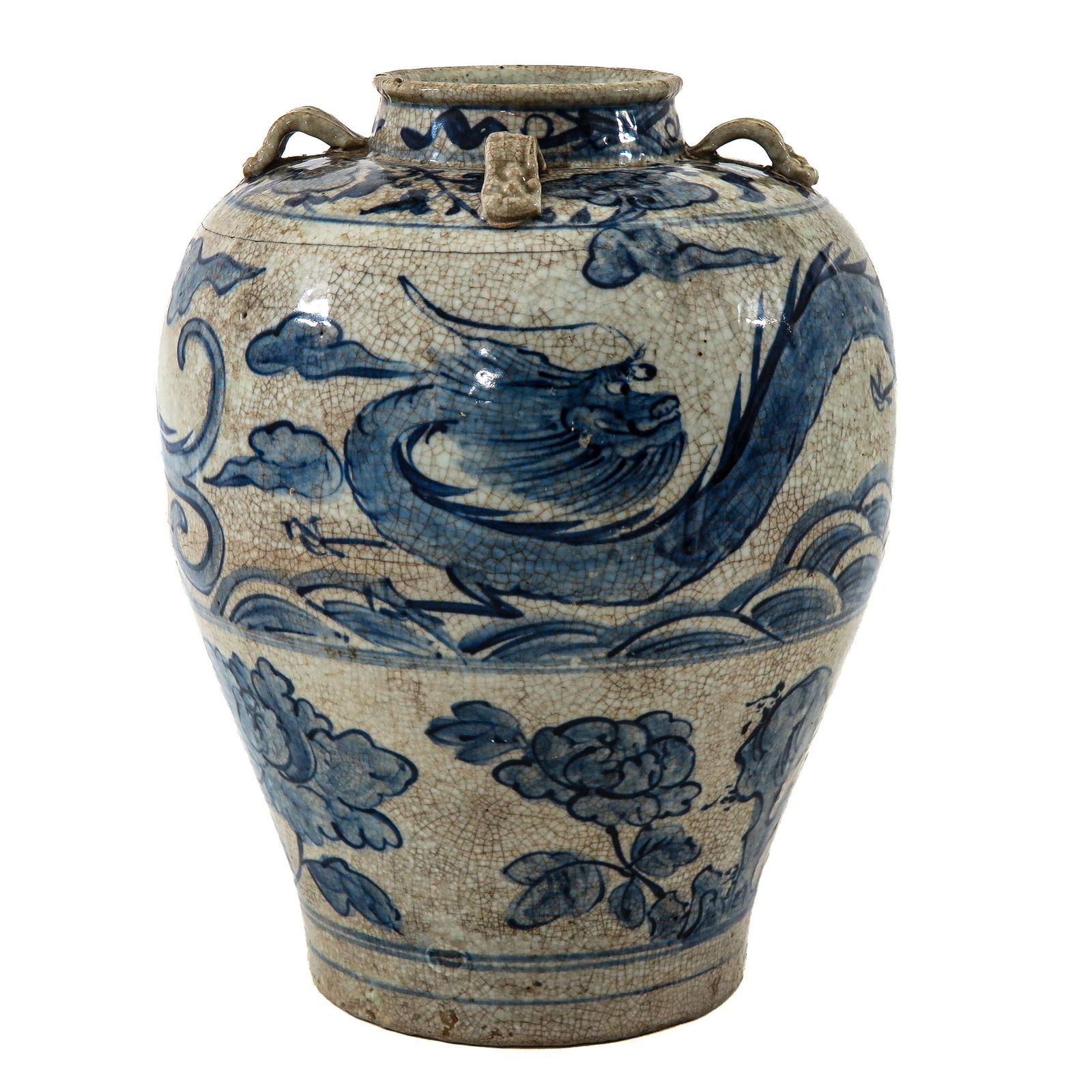 A Martavan Jar: 16th / 17th Century, decorated with underglaze blue with a dragon among clouds, 38 cm. tall.