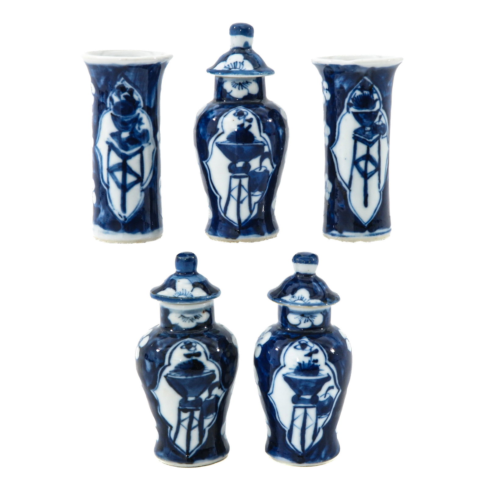 A 5 Piece Miniature Garniture Set: Decorated with auspicious objects in cartouches against a cobalt ground, 10 cm. tall.